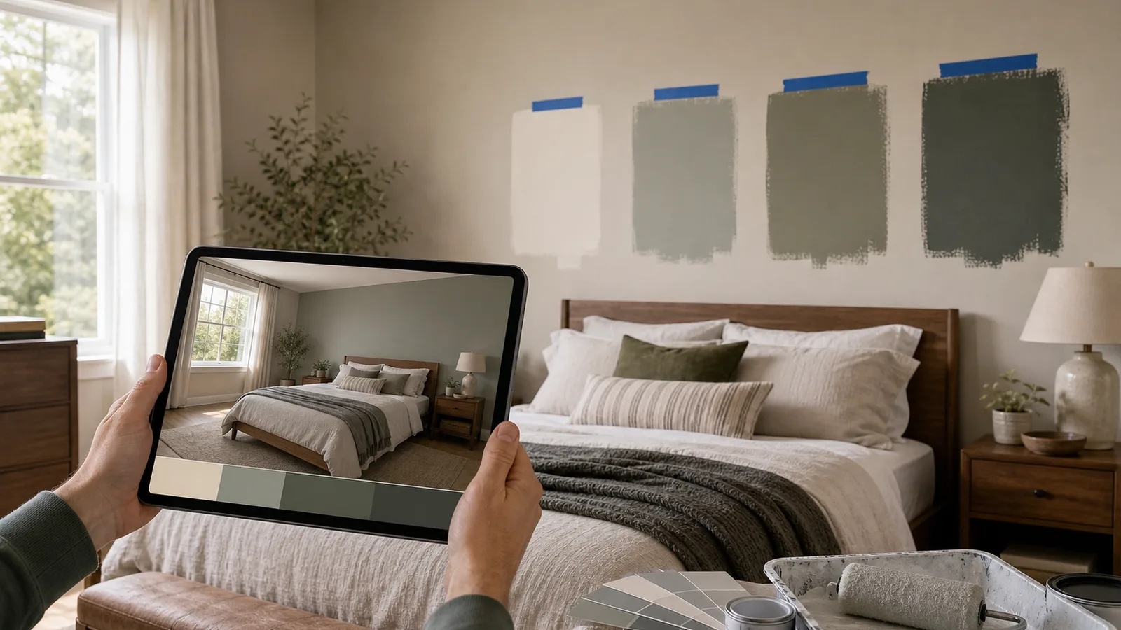 Phone previewing a paint color on a bedroom wall beside physical swatches