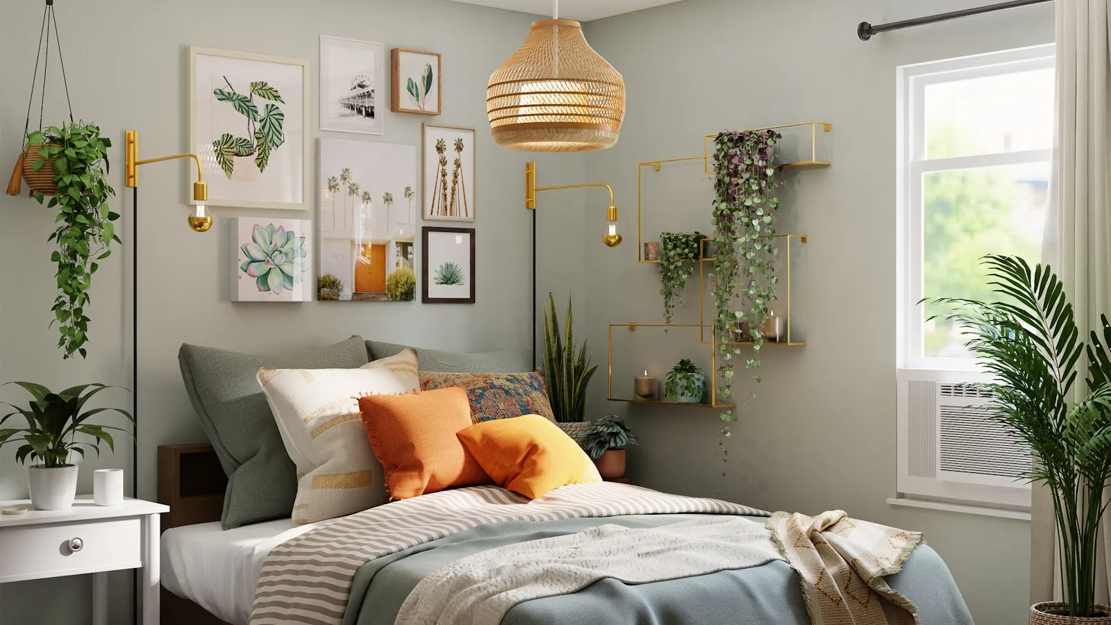Smoky jade green Behr Hidden Gem painted accent wall in a modern living room with brass hardware and white trim