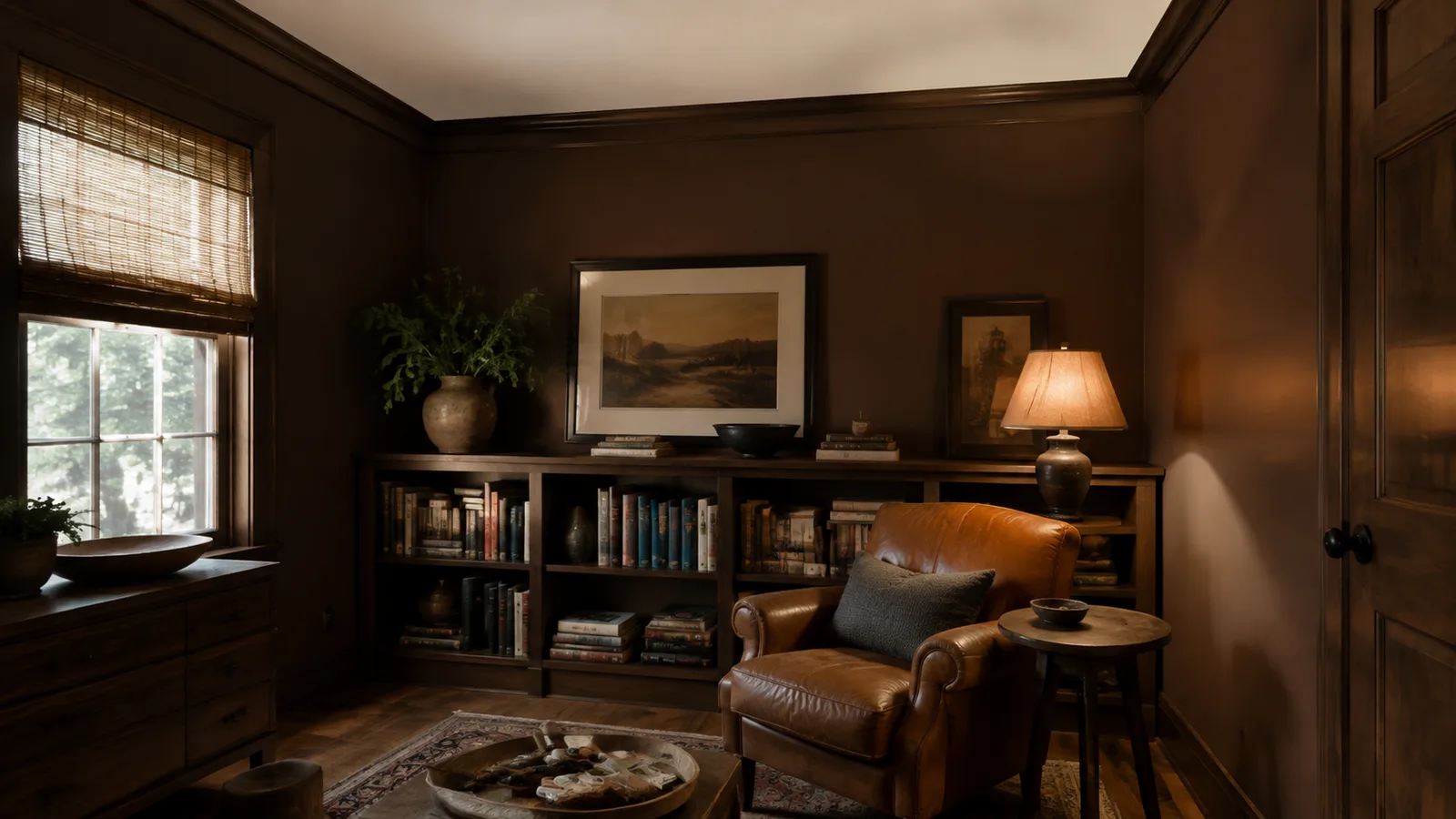 AI-generated illustration: Small den in rich burnt umber, low walnut shelves, caramel leather chair, pool of warm light and an off-white ceiling.