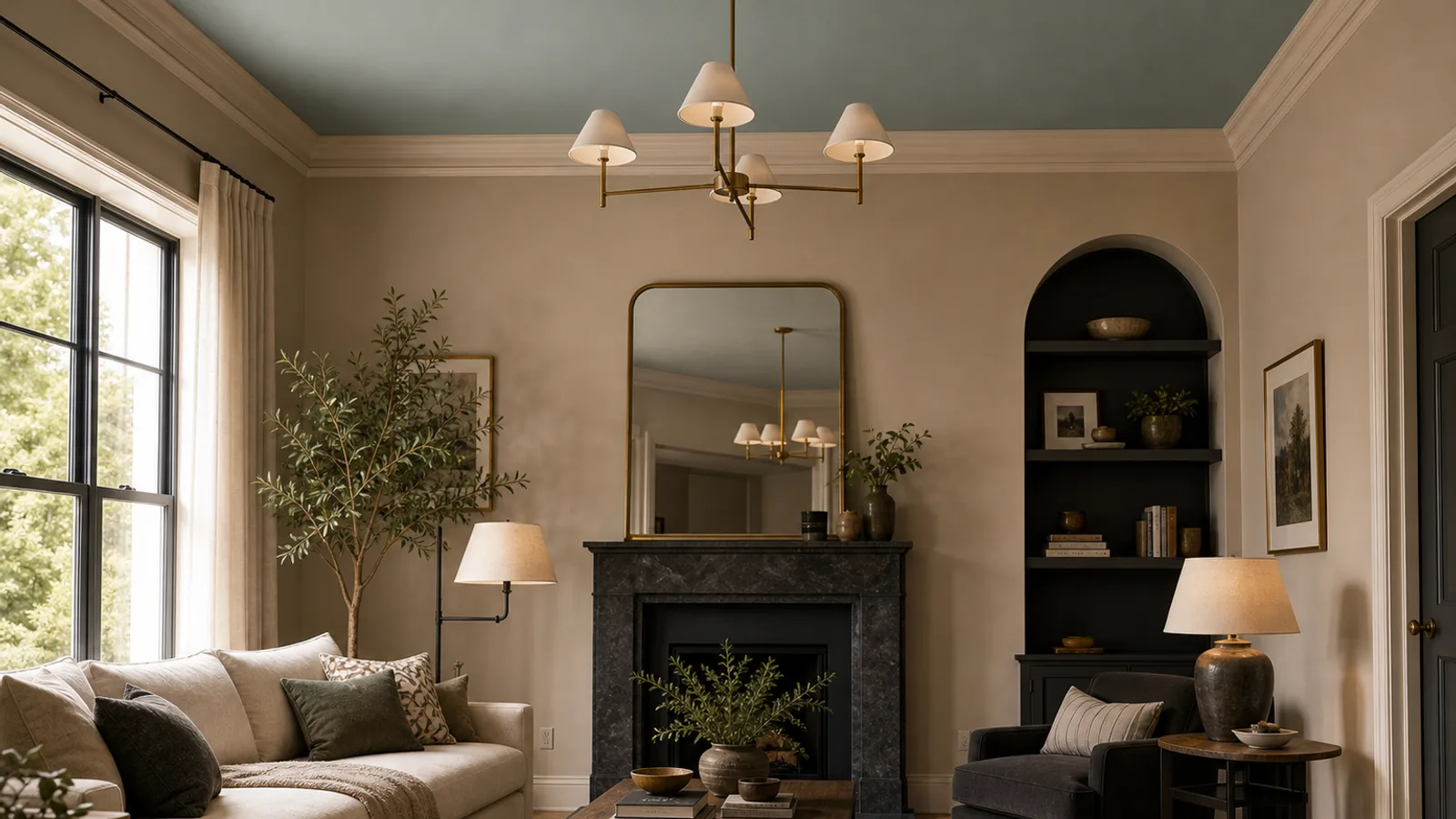 Room with a soft colored ceiling and lighter walls showing a beyond-white ceiling paint idea