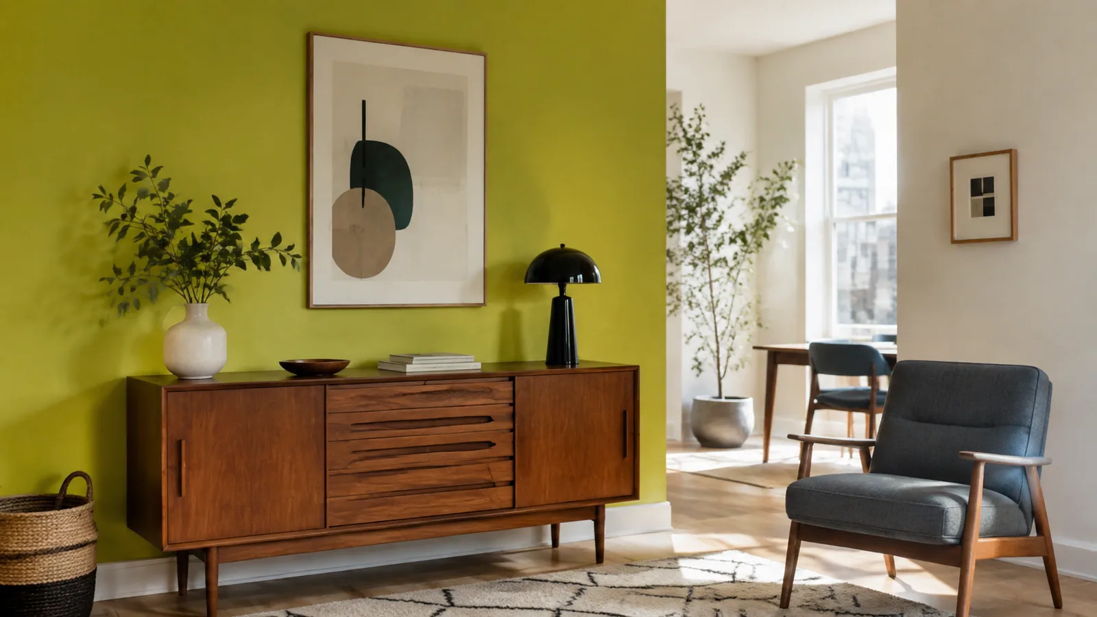 AI-generated illustration: A chartreuse accent wall behind a simple midcentury sideboard in a bright apartment, adjacent warm white wall, blue-gray chair.
