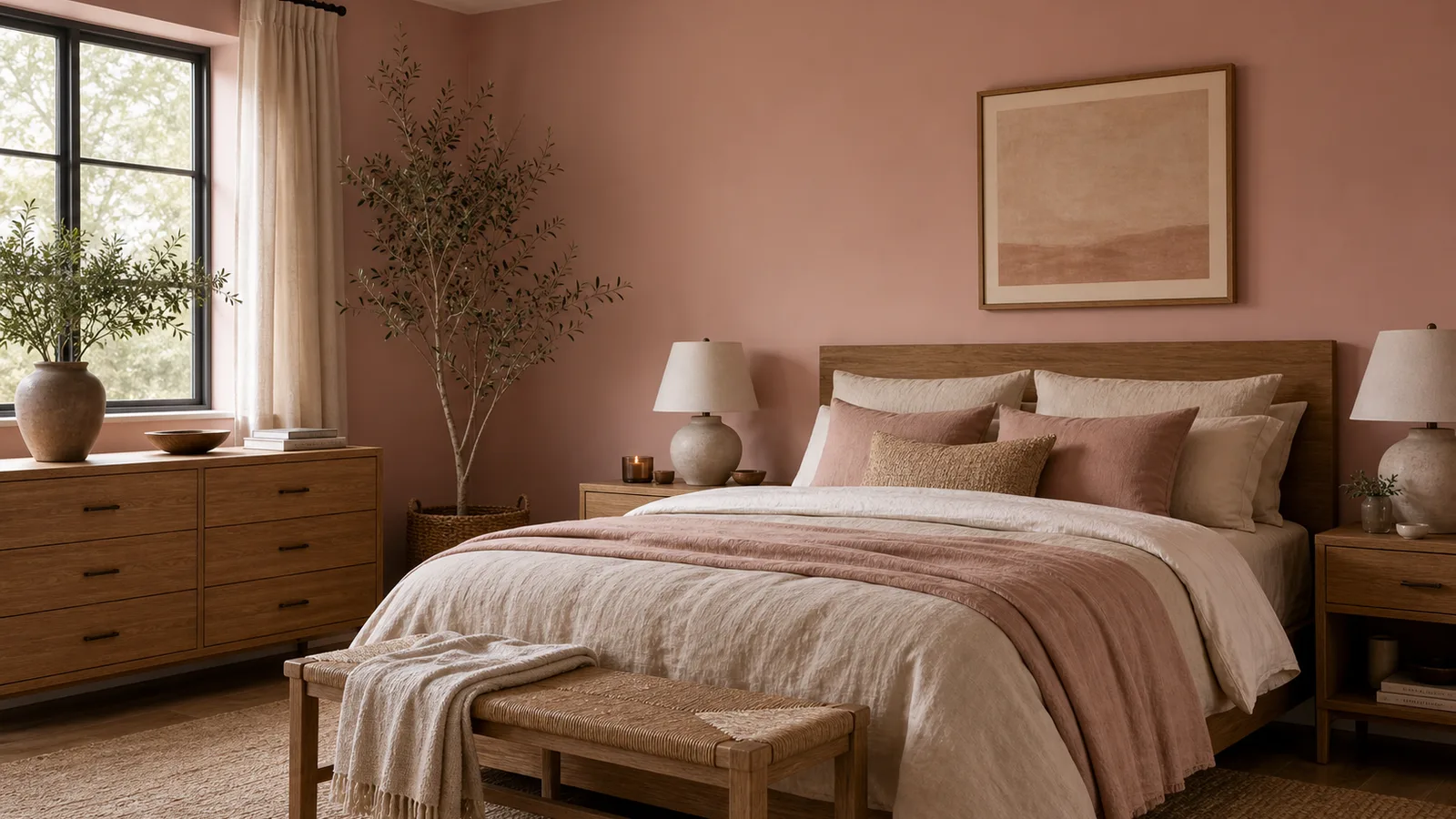 Clay pink bedroom paint concept with soft bedding, warm wood, and muted earthy walls