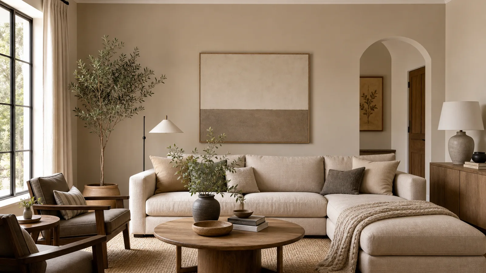 Comfortcore living room with warm taupe walls, textured rug, and terracotta accents
