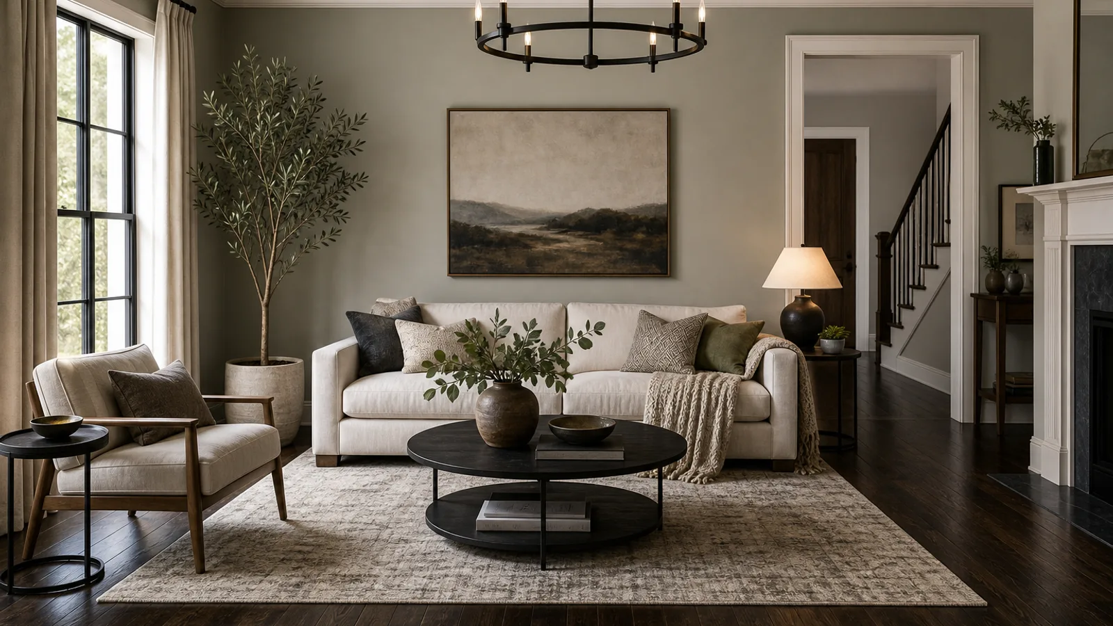 Living room with dark wood floors and warm paint colors that balance the depth of the flooring