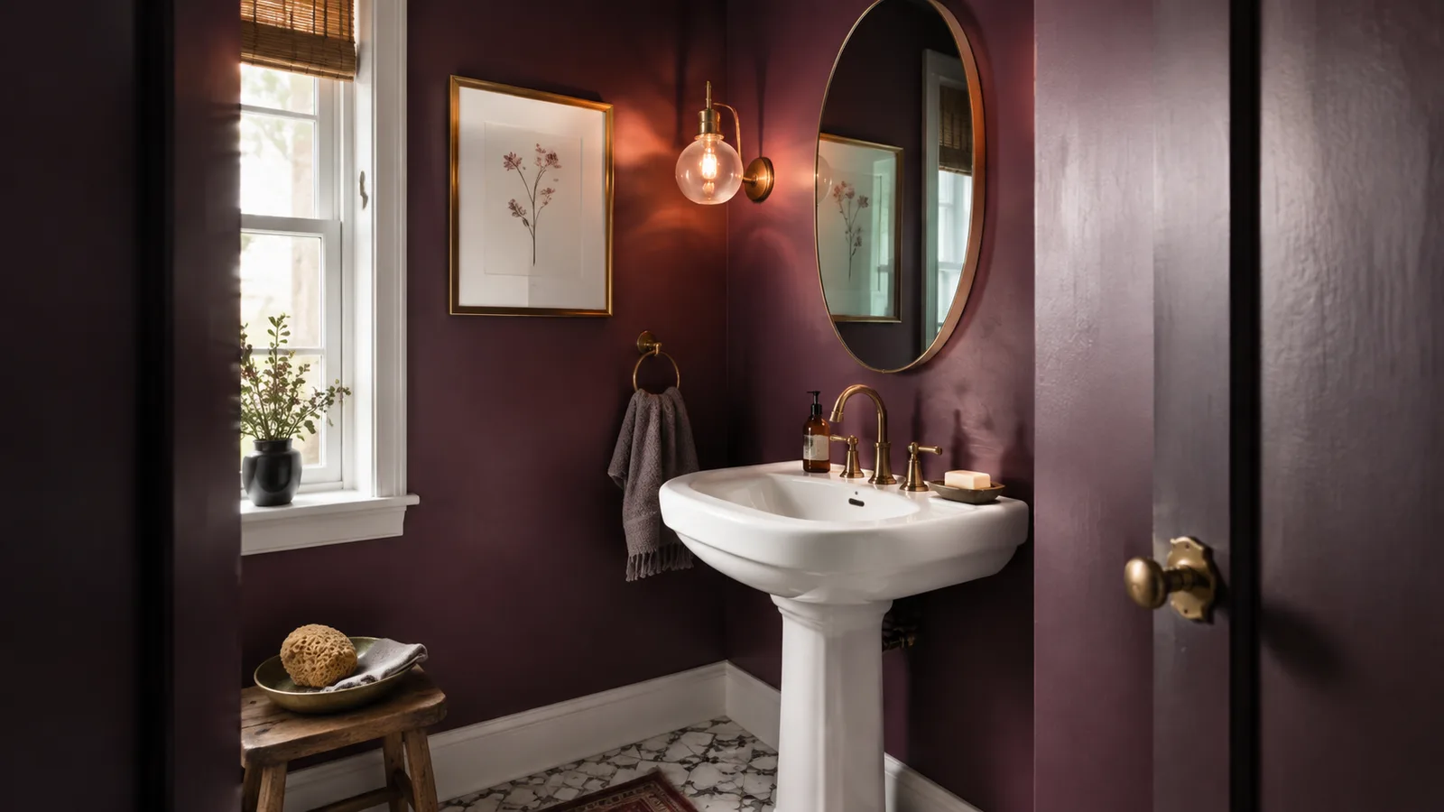 AI-generated illustration: A tiny powder room in deep plum, narrow oval mirror, white pedestal sink and aged brass faucet, side angle not symmetrical.