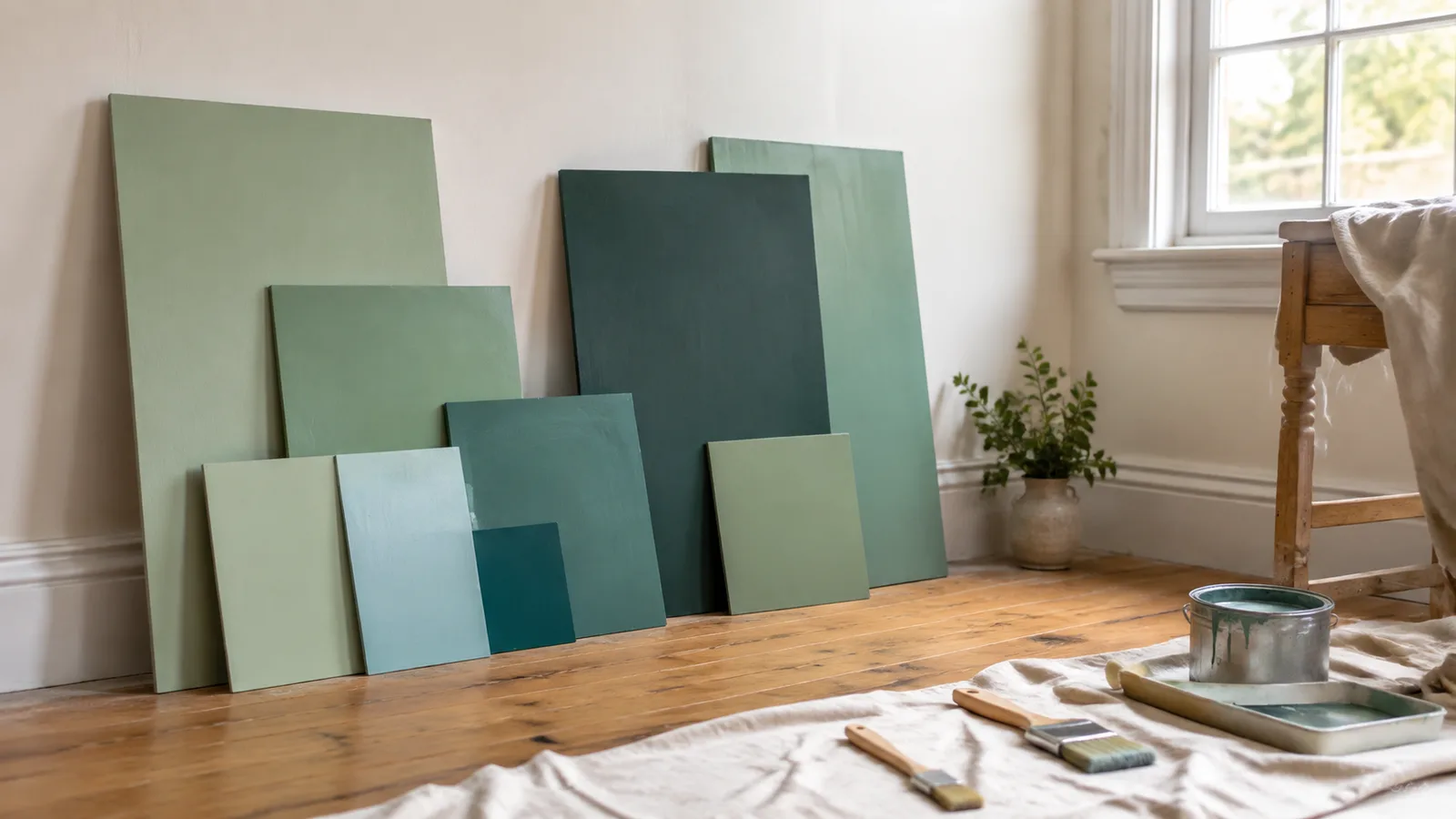 AI-generated illustration: Several physical teal and green sample boards propped against a warm-white wall beside natural wood flooring, no brand codes or text.