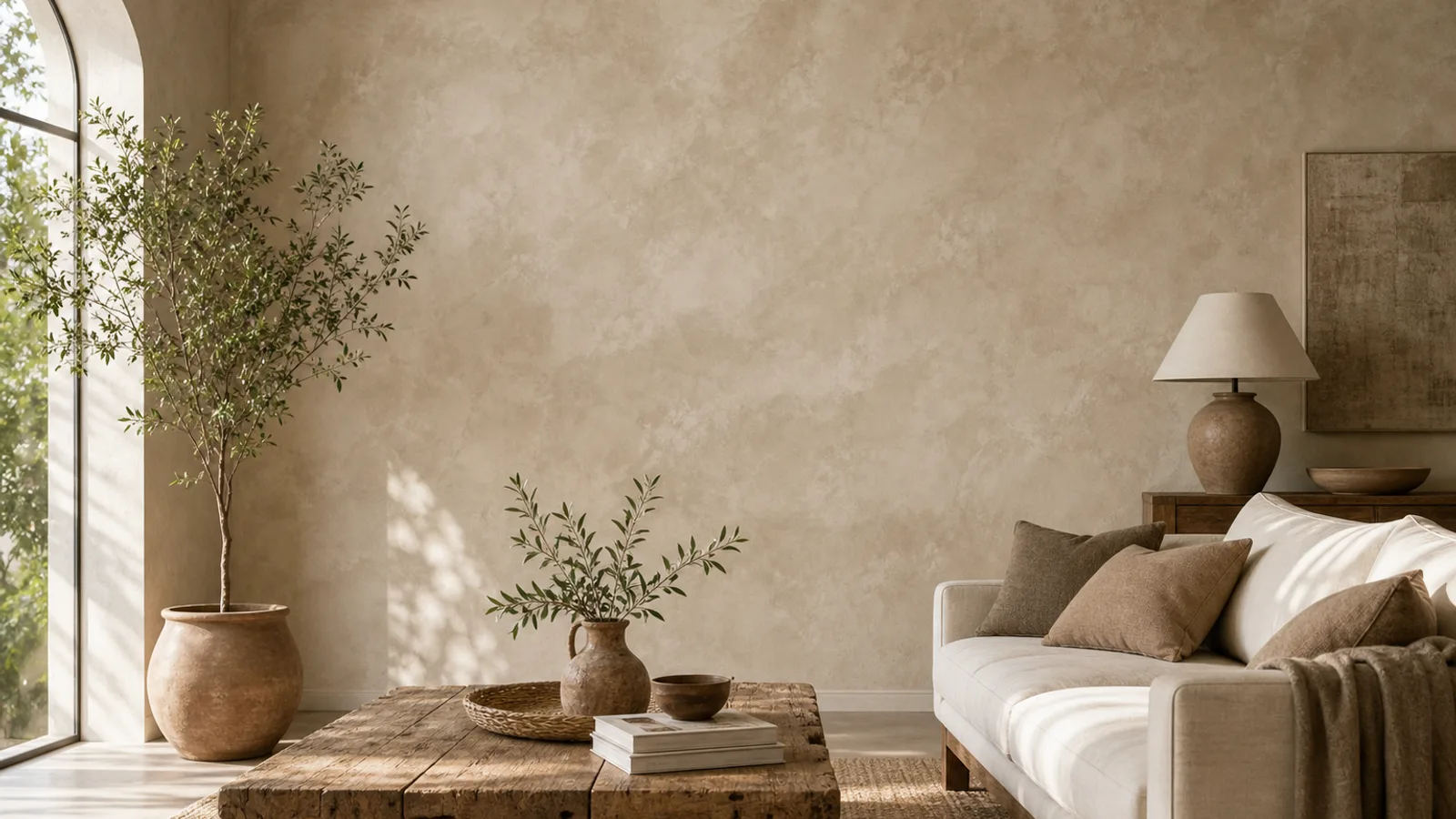 Warm beige limewash wall with cloudy texture and soft natural styling