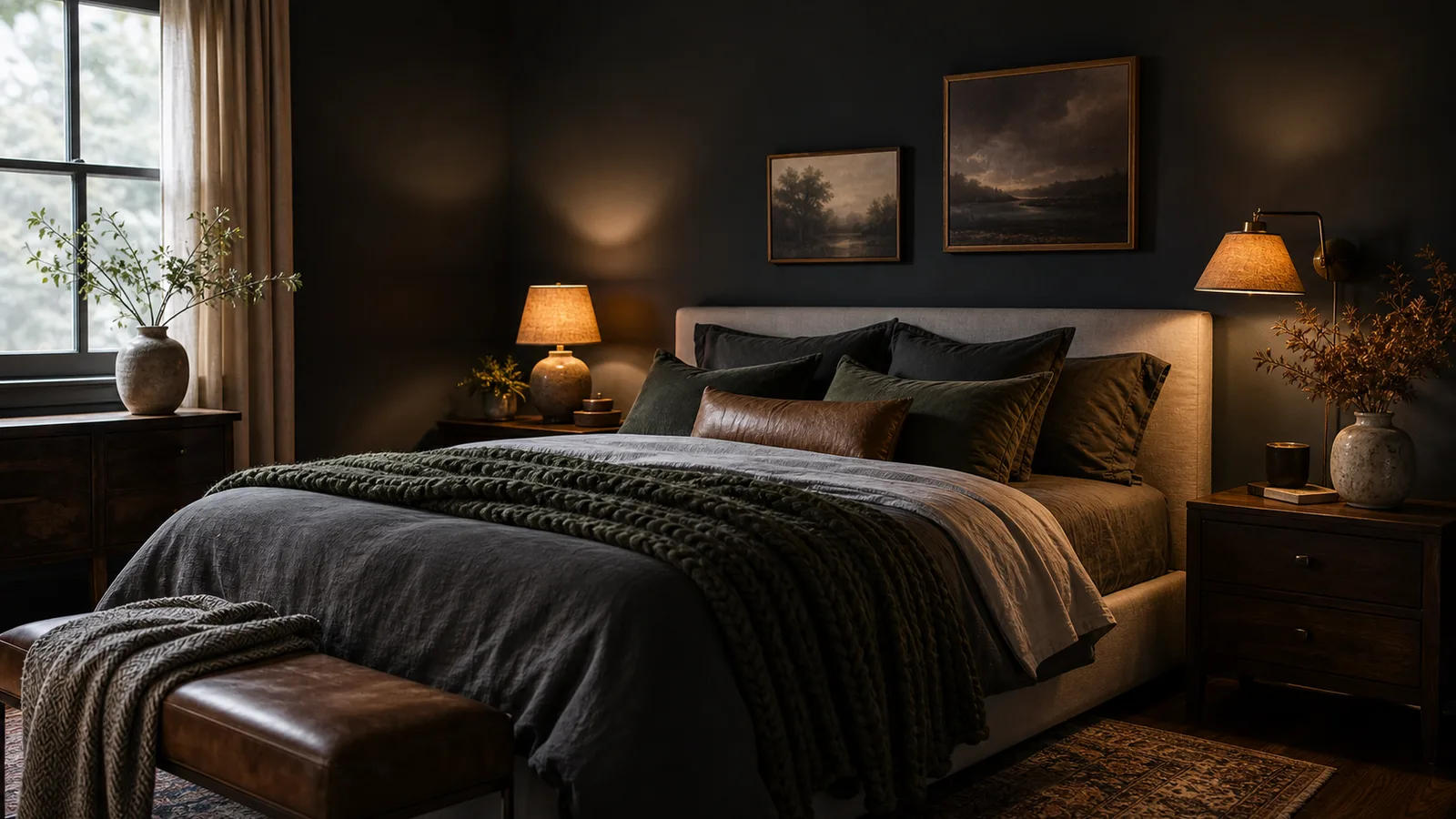 Moody bedroom with deep painted walls, brass bedside lighting, and layered neutral bedding