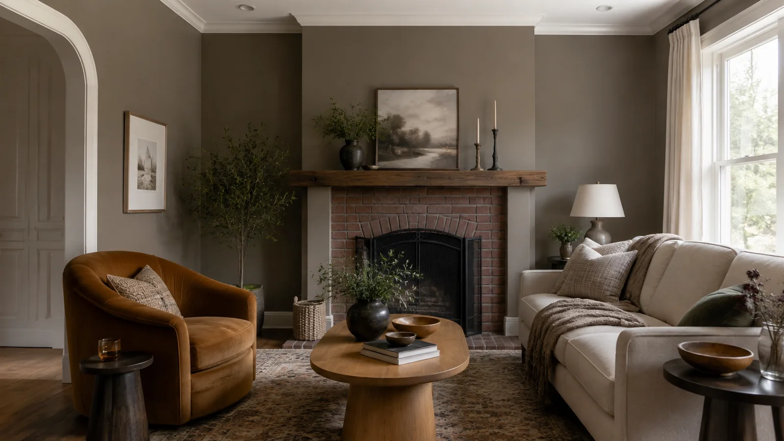 AI-generated illustration: Cozy square living room with gray-brown mushroom painted walls, curved camel chair, oval oak coffee table and a linen sofa facing a brick fireplace.