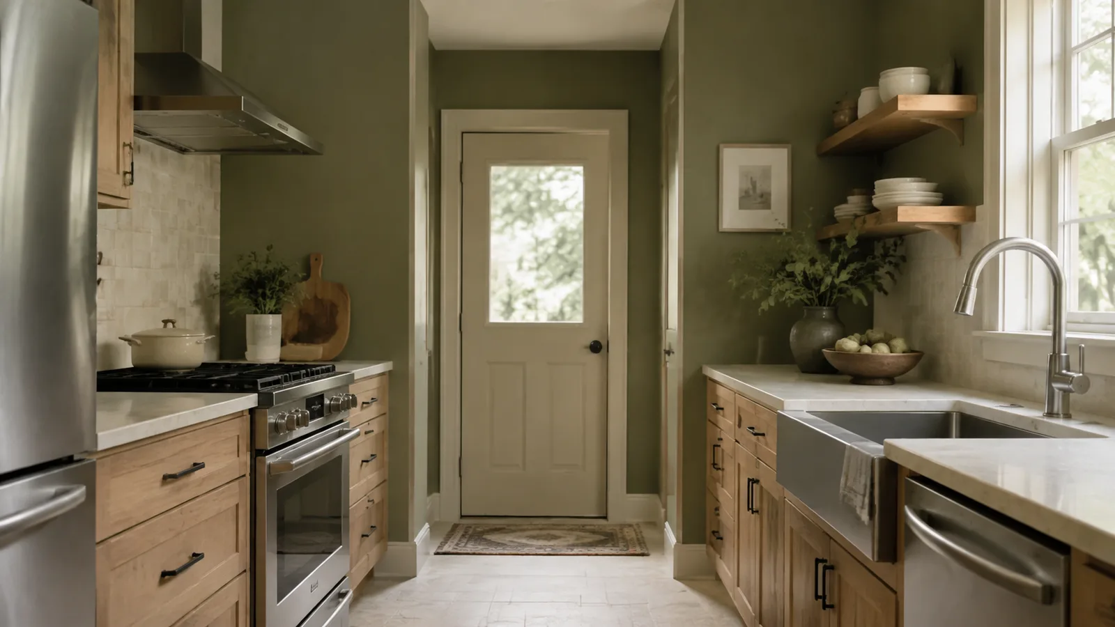 AI-generated illustration: Compact galley kitchen with muted olive painted walls, natural oak lower cabinets, cream tile and brushed steel fixtures.