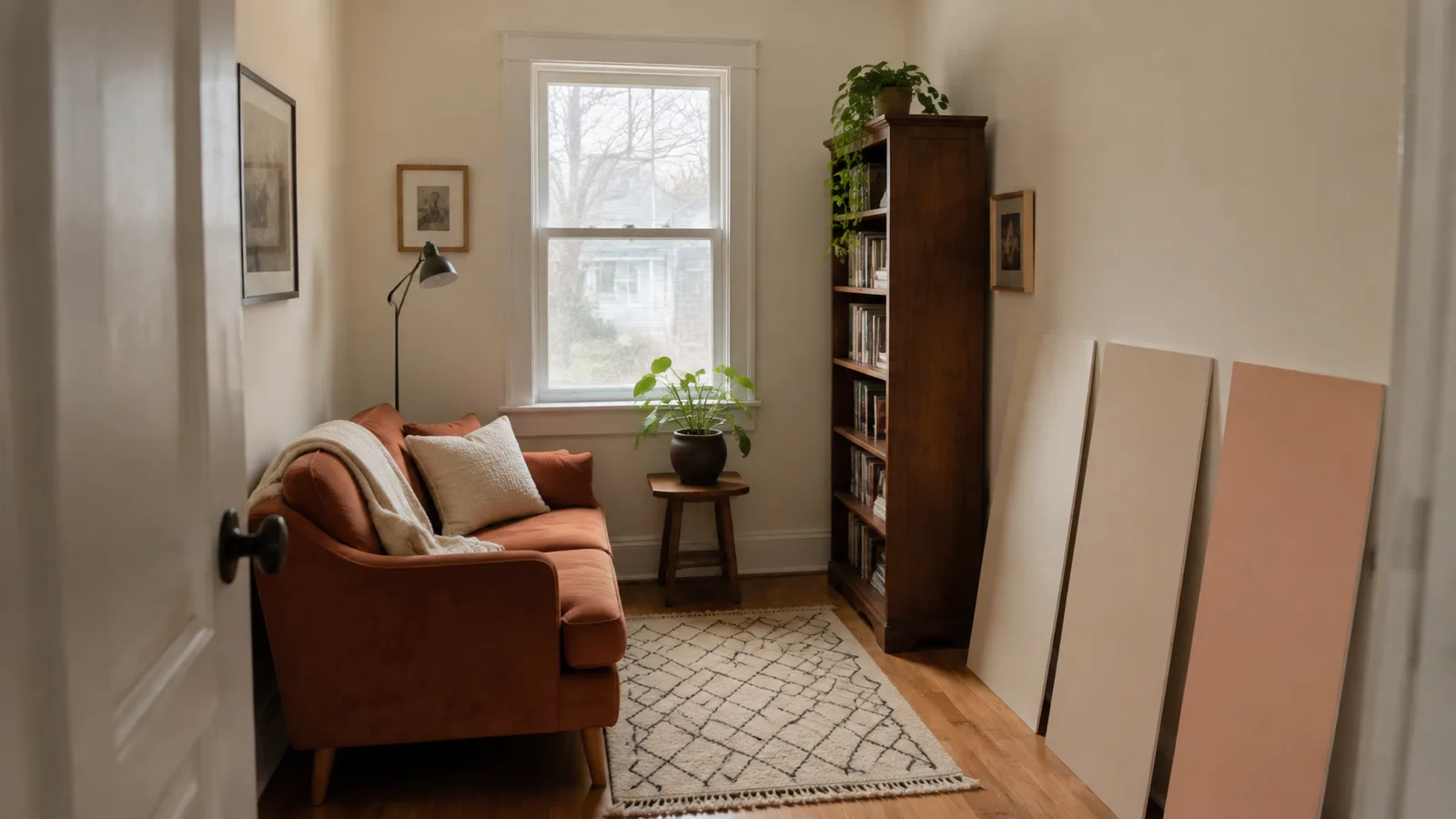 AI-generated illustration: Compact north-facing room with warm neutral paint sample boards