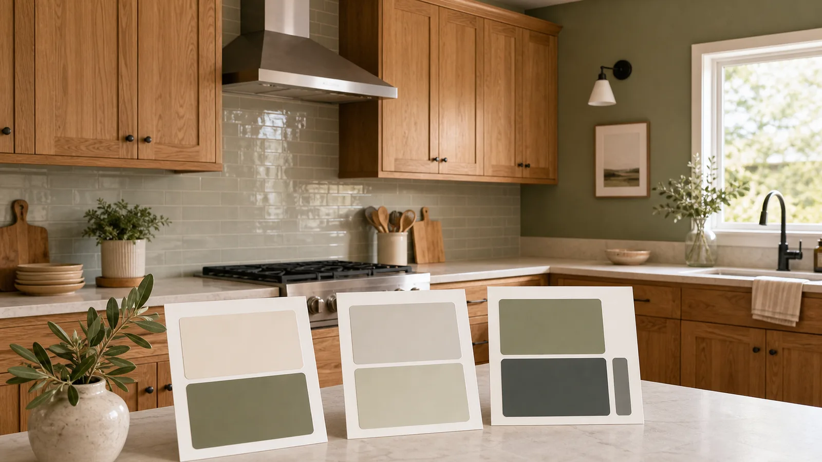 Oak kitchen cabinets compared with muted green, creamy neutral, and deeper paint pairings