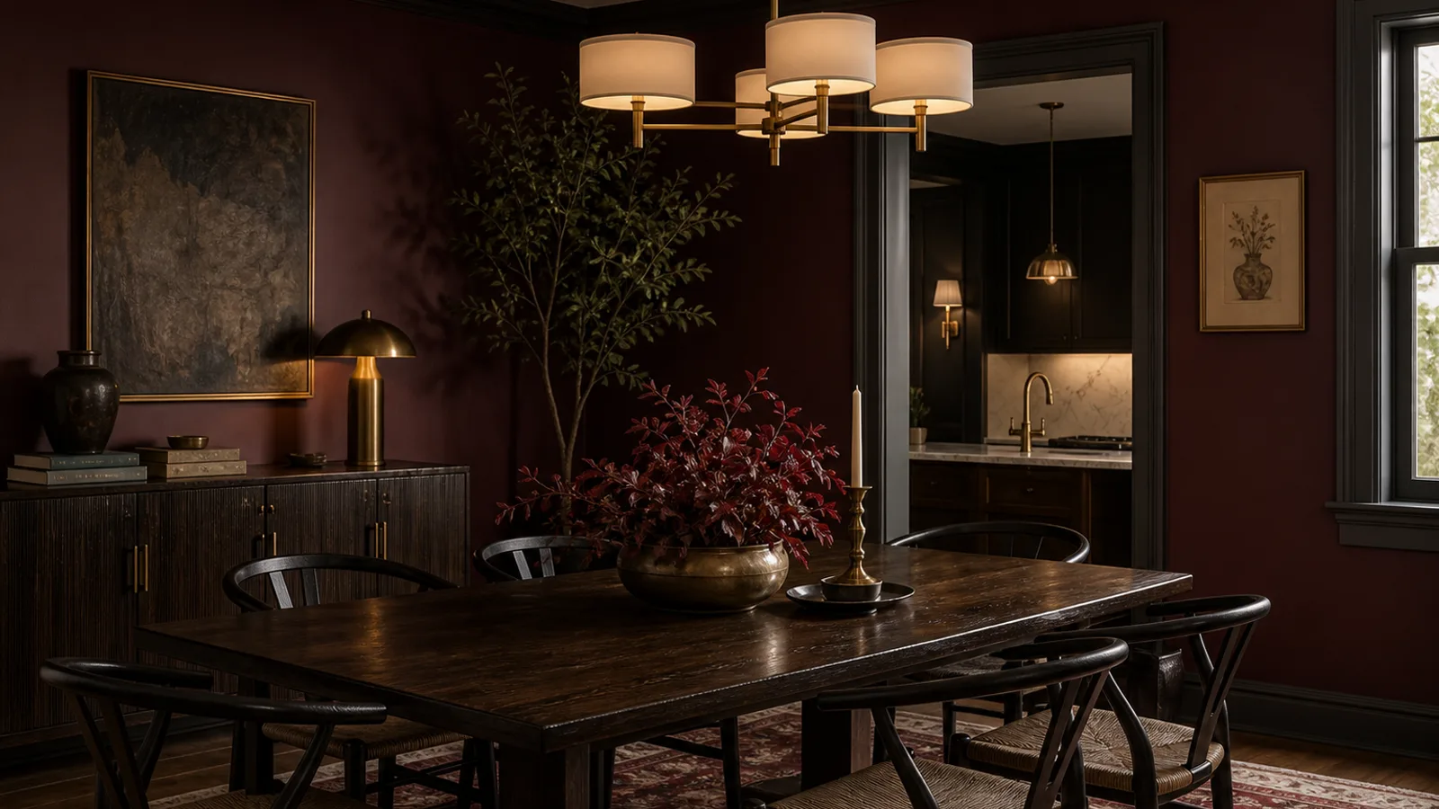 Oxblood dining room wall paired with warm wood and brass lighting