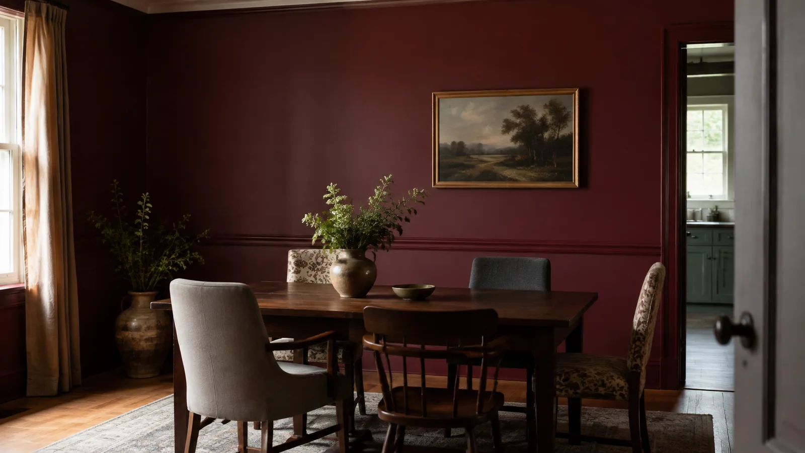 AI-generated illustration: A modest burgundy dining room, dark cherry table, mismatched upholstered chairs, one off-center landscape picture, warm indirect light.