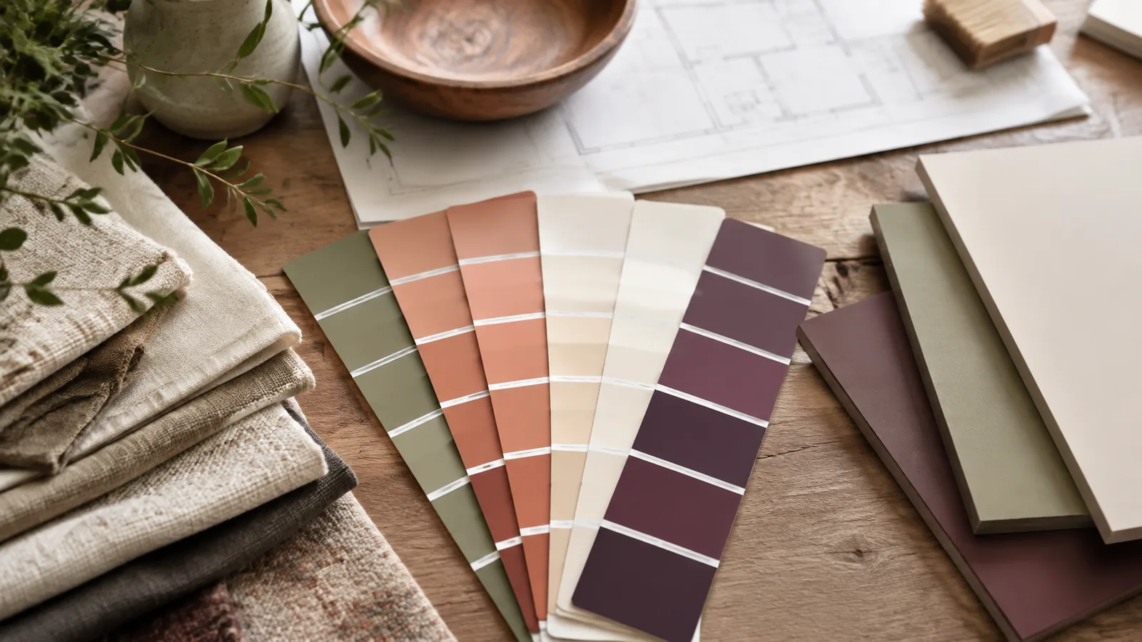 AI-generated illustration: A designer worktable with a fan of unbranded paint chips in olive, clay, pale cream and deep plum beside neutral fabric swatches, overhead view.
