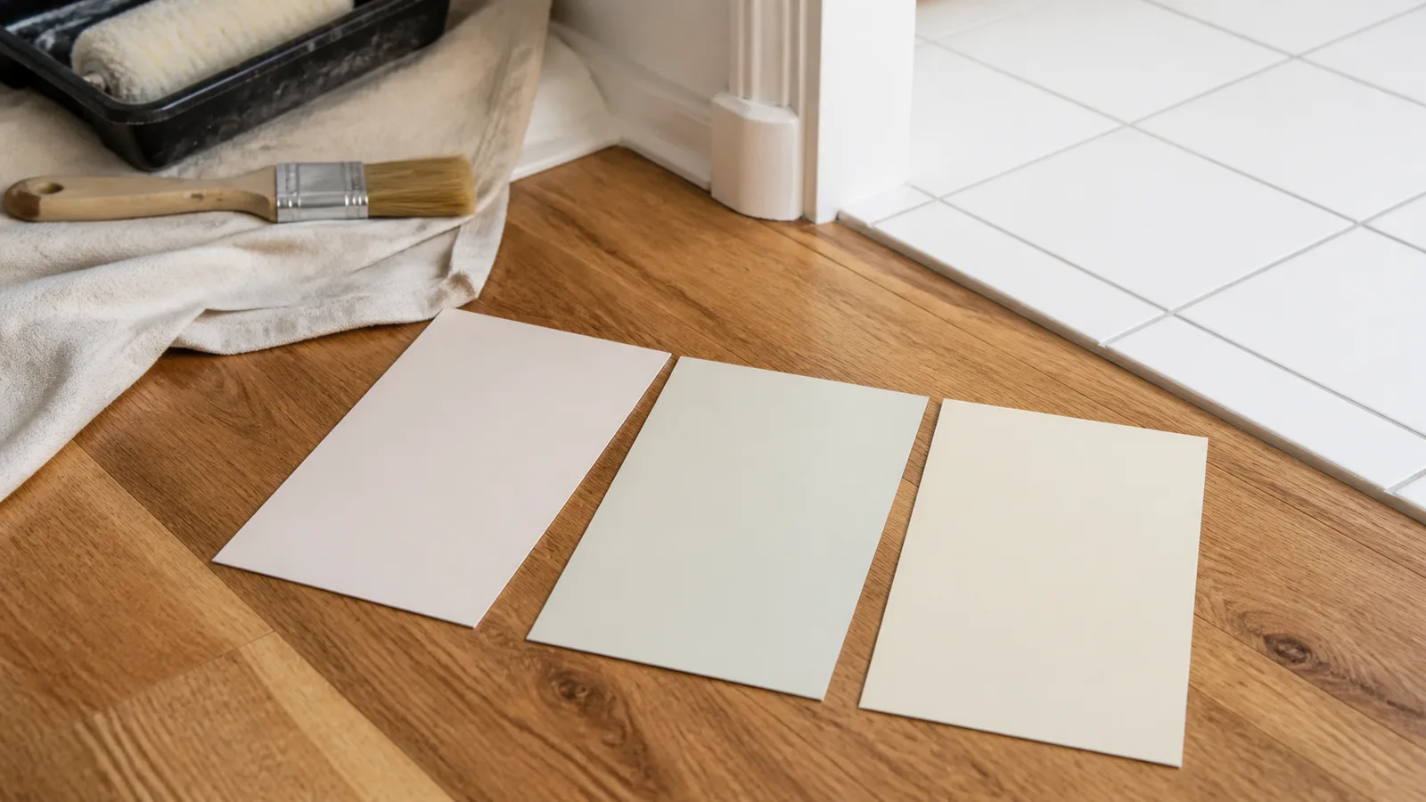 AI-generated illustration: Three large neutral paint swatches with subtle pink green and yellow undertones laid beside oak flooring and white tile, neutral daylight.