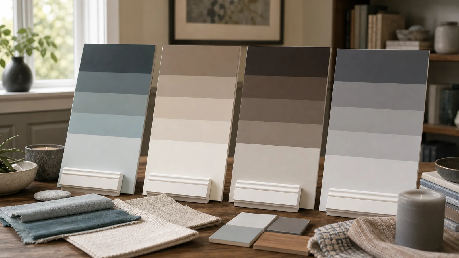 Warm neutral and smoky green paint swatches replacing cool gray on an interior wall