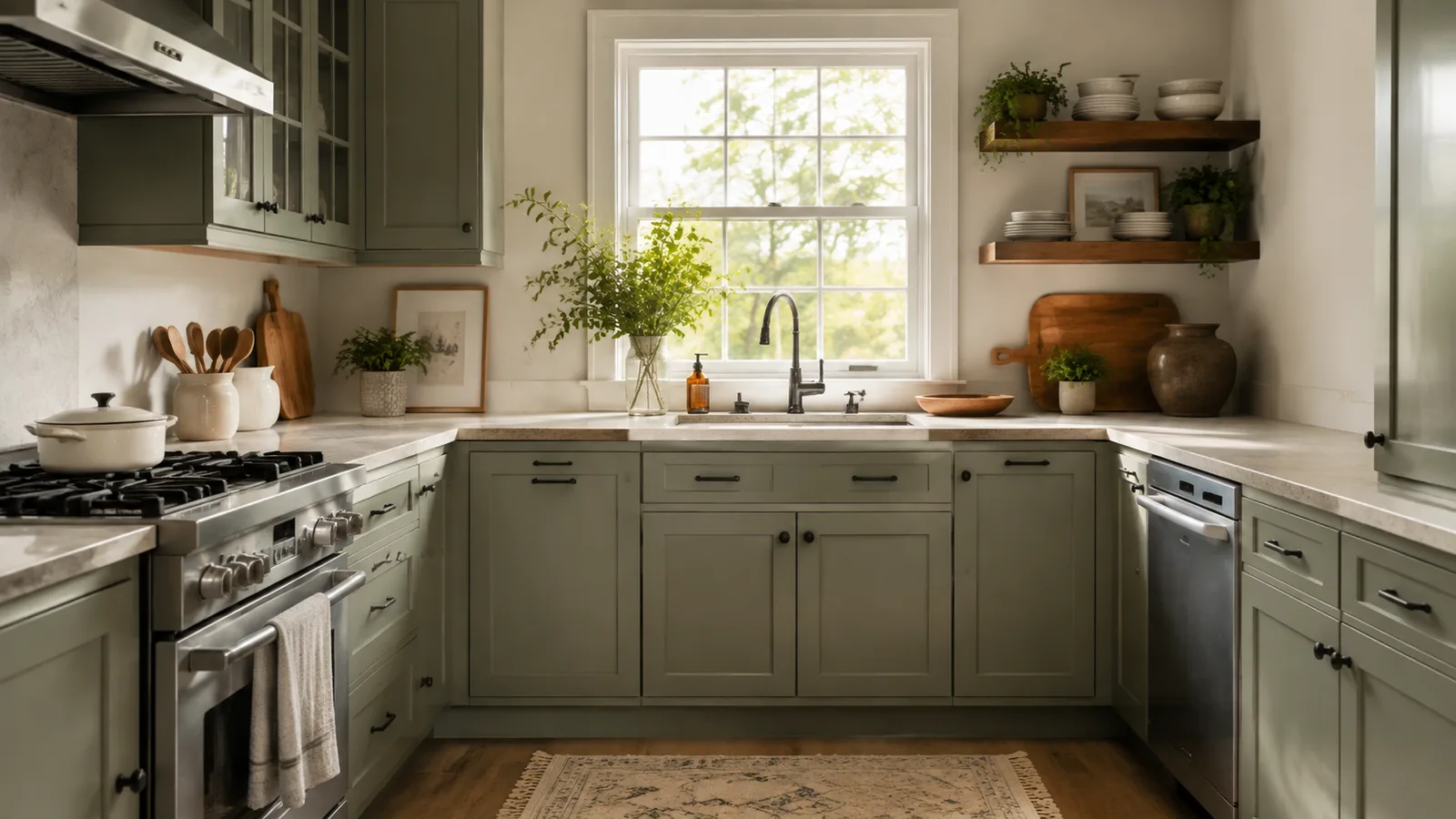 AI-generated illustration: Small U-shaped kitchen with sage-green cabinet doors, light stone counters, simple black pulls, pale warm walls, no island.