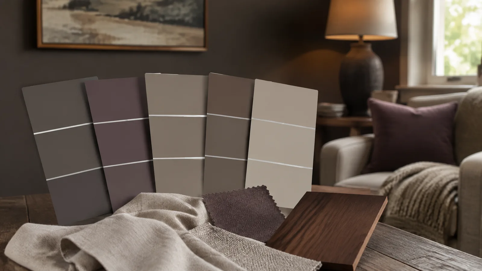 AI-generated illustration: Dark taupe, charcoal brown and plum-gray paint sample boards arranged with linen and walnut material samples in a reading corner.