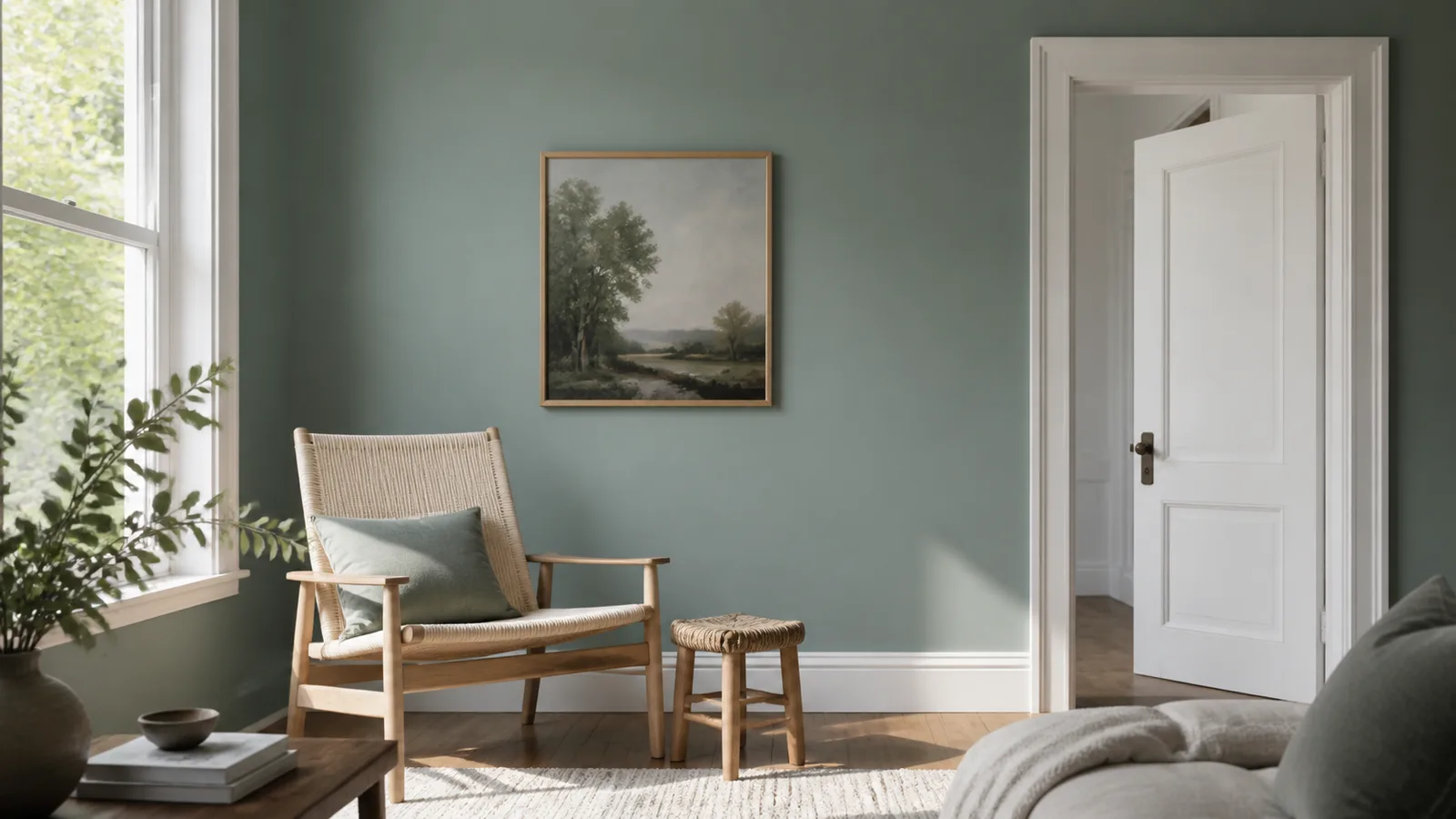 AI-generated illustration: A smoky jade painted sitting room wall, pale ashwood chair, woven stool and chalk-white door trim, gentle morning daylight.