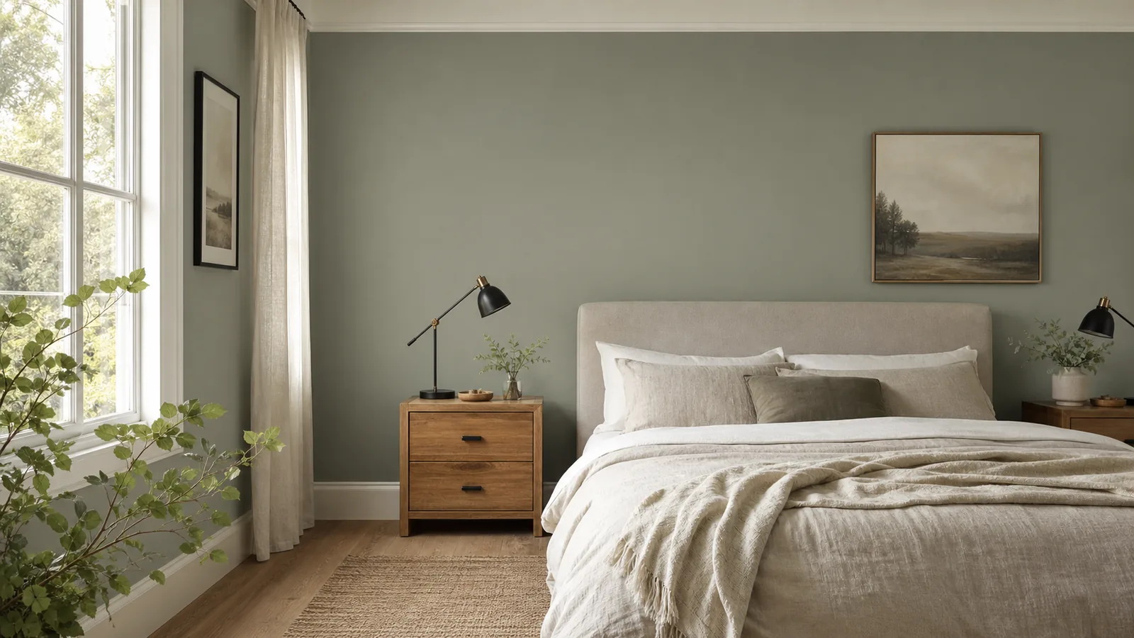 Soft sage grey painted bedroom wall with linen bedding and warm wood furniture