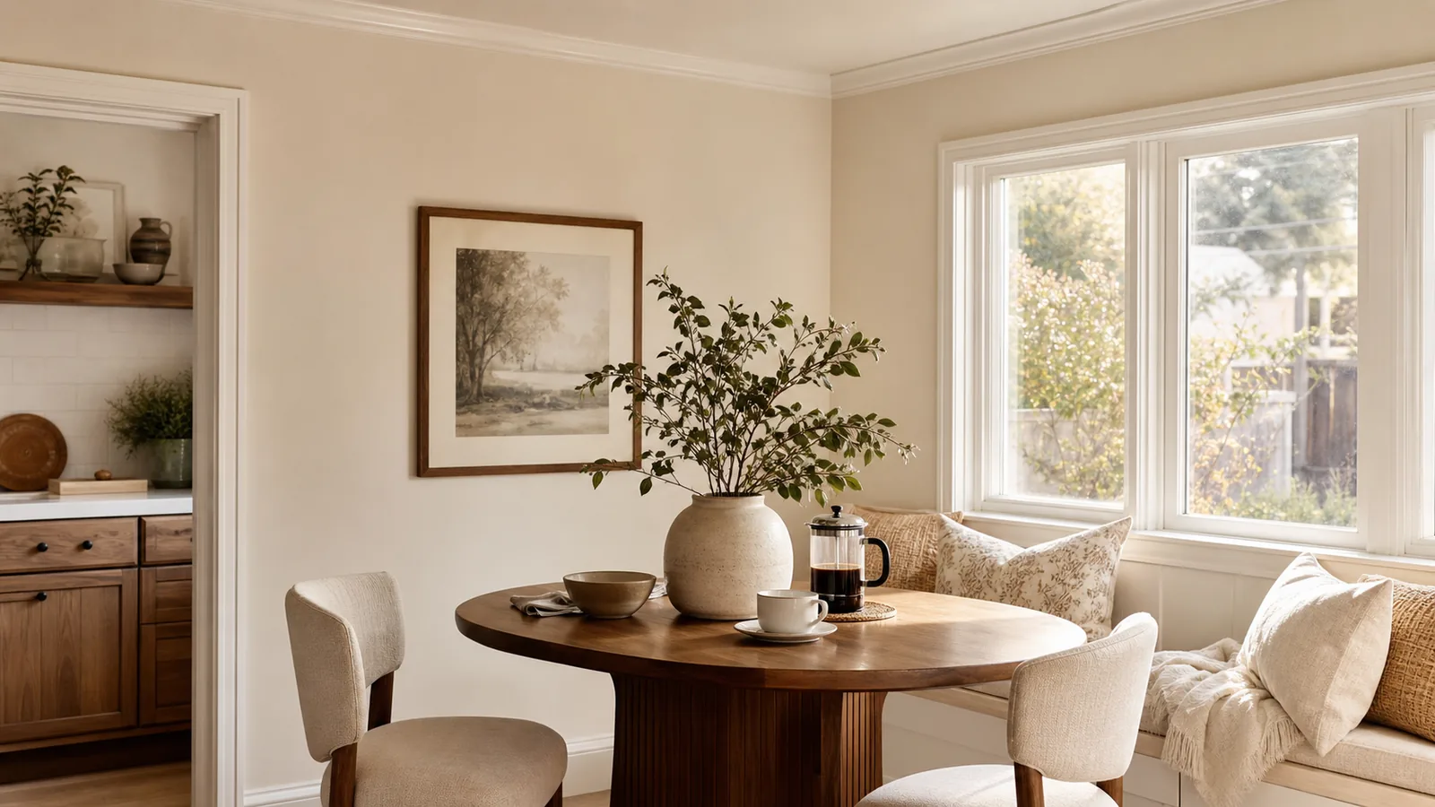 Illustrated warm neutral room concept; not an exact paint color sample