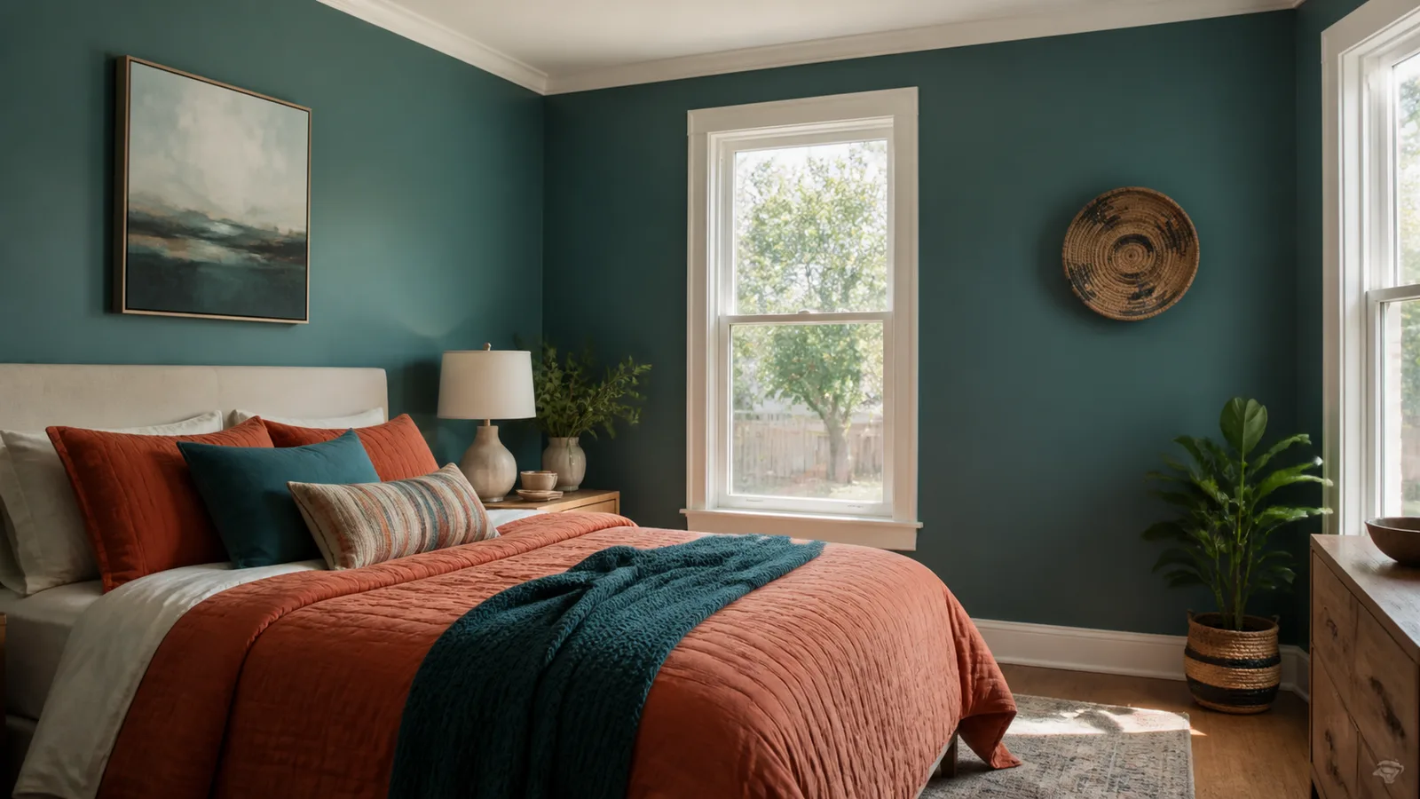AI-generated illustration: Teal painted bedroom with rust quilt, pale wood bedside table and warm-white trim, daytime interior, personal but uncluttered.