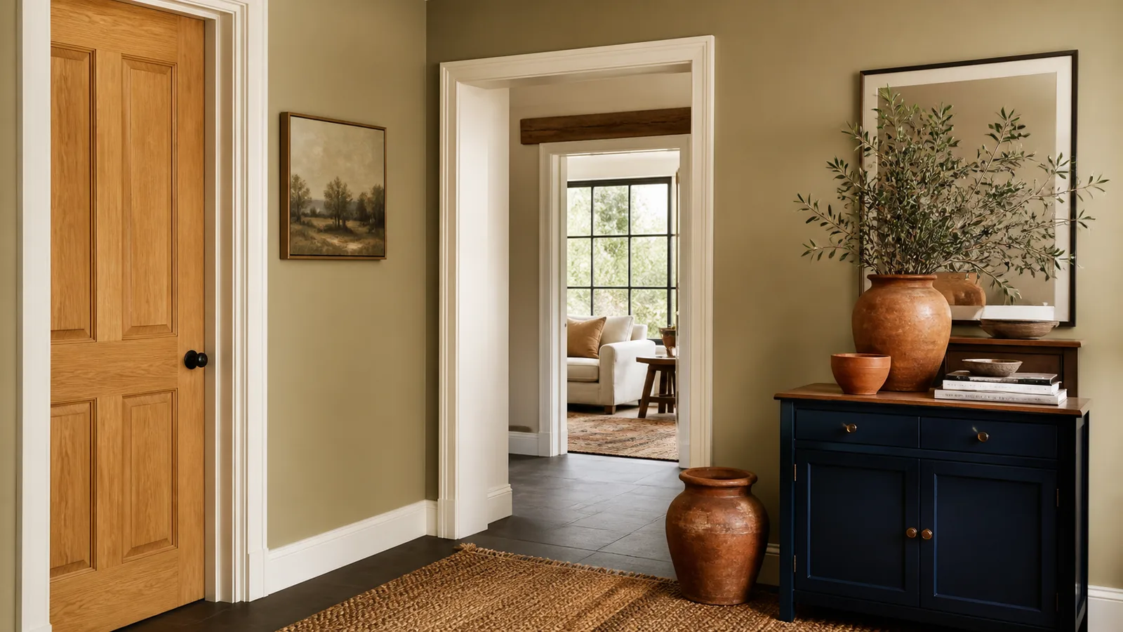 AI-generated illustration: Hallway in warm khaki paint, white door trim, dark blue console and terracotta pottery, one oak door left natural.