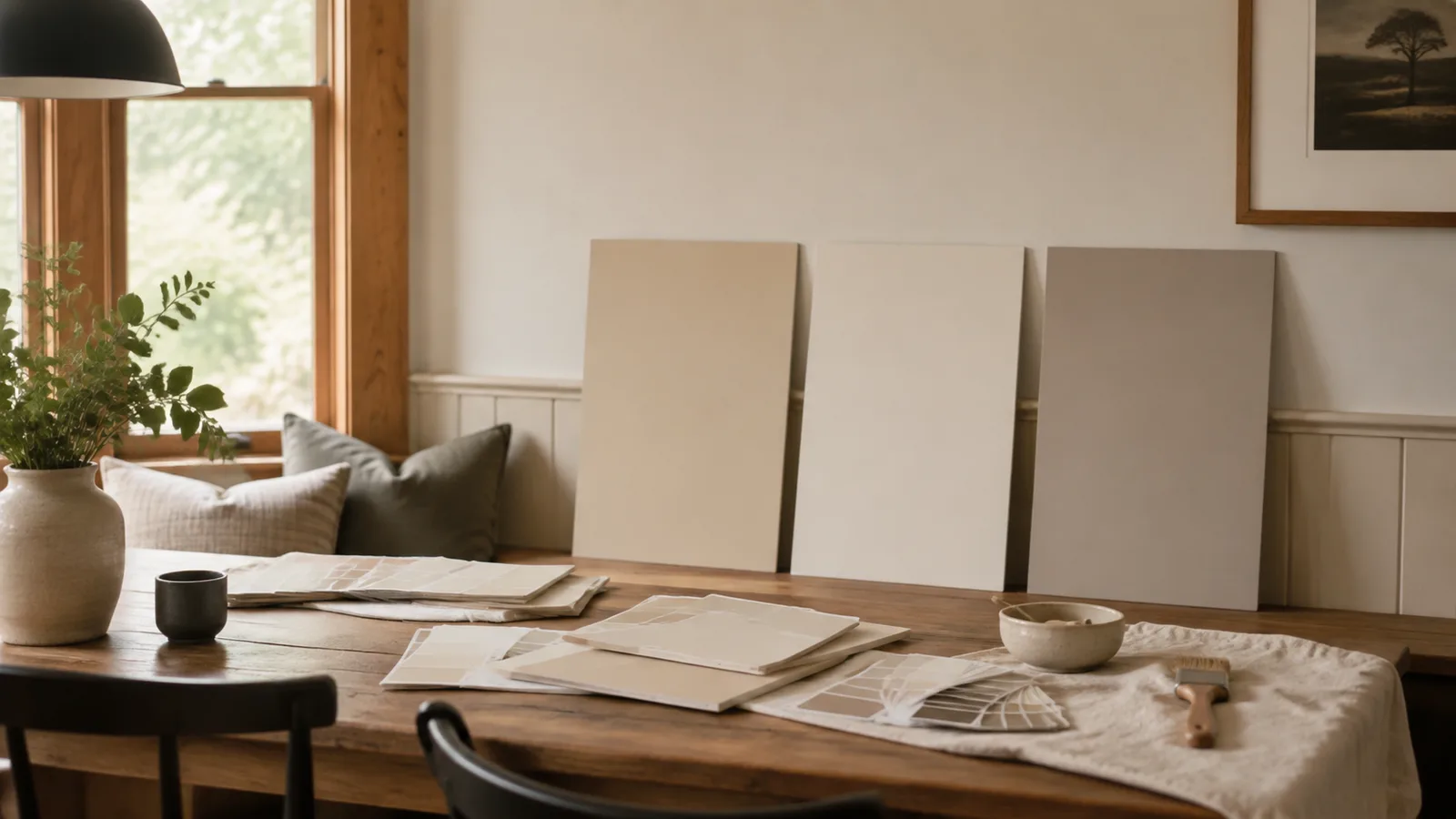AI-generated illustration: Warm-neutral palette sampling in a breakfast room: large sand, ivory and taupe sample boards near a cream wall and wood window trim.