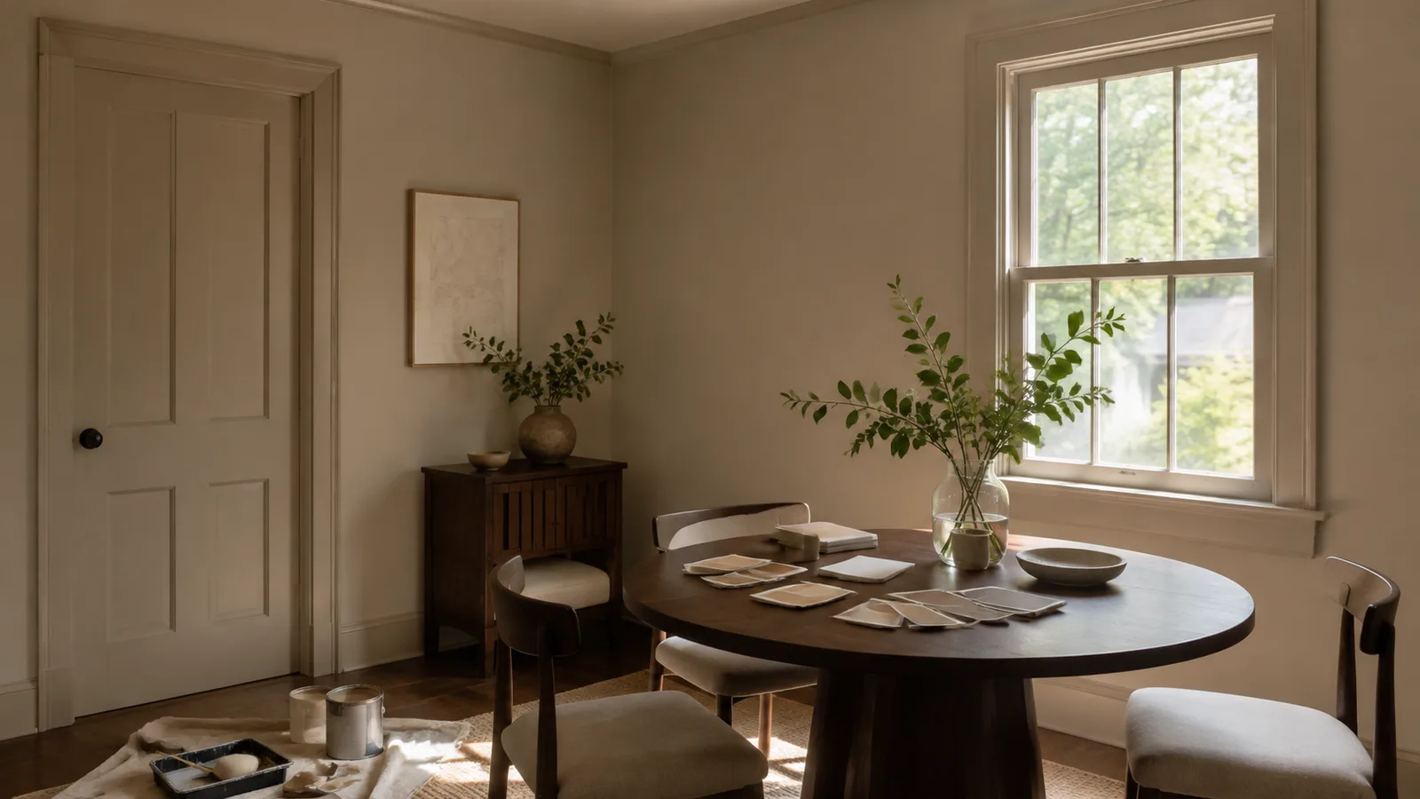 AI-generated illustration: A small dining nook with walls, door, baseboards and window trim all painted warm putty, round dark oak table and oatmeal chair seats.