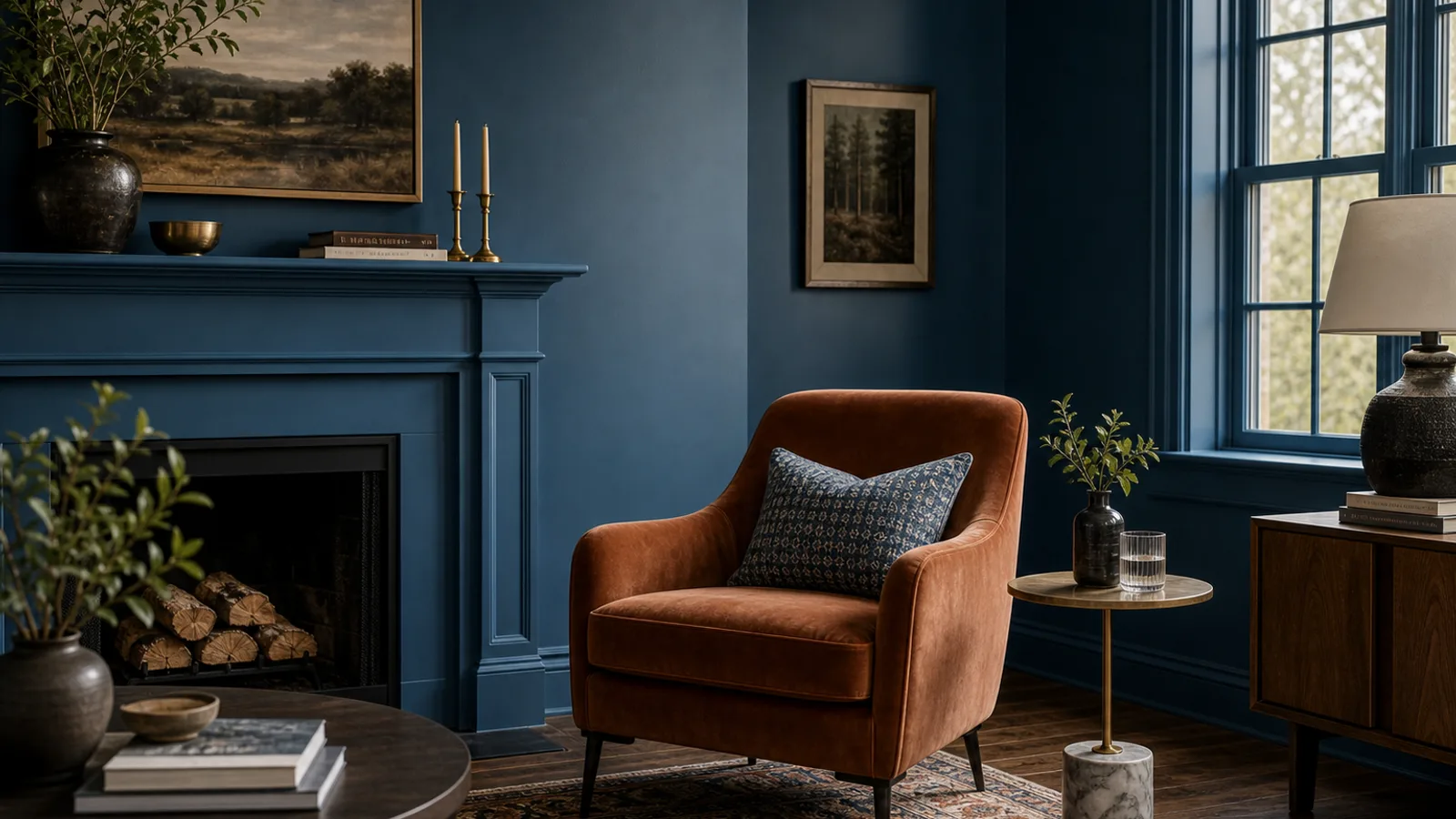 Deep green color-drenched room with a caramel accent chair and brass side table