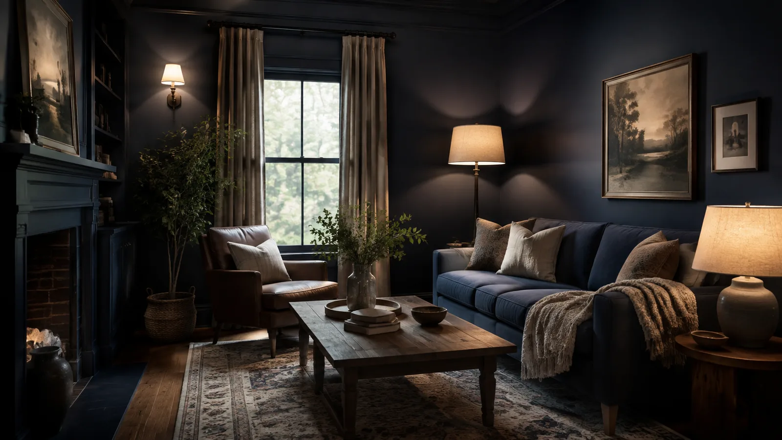 AI-generated illustration: A deep indigo living room illuminated with a table lamp, shaded floor lamp and subtle wall light, three layers of warm light, wide view.