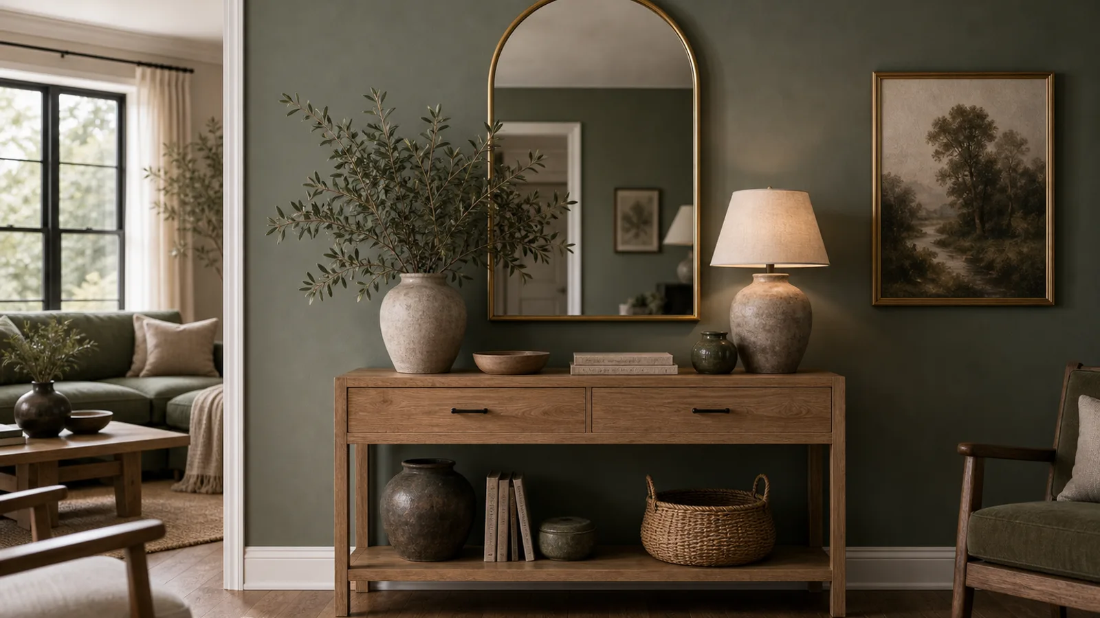 Smoky green wall with a brass mirror, oak console, and warm neutral decor accents