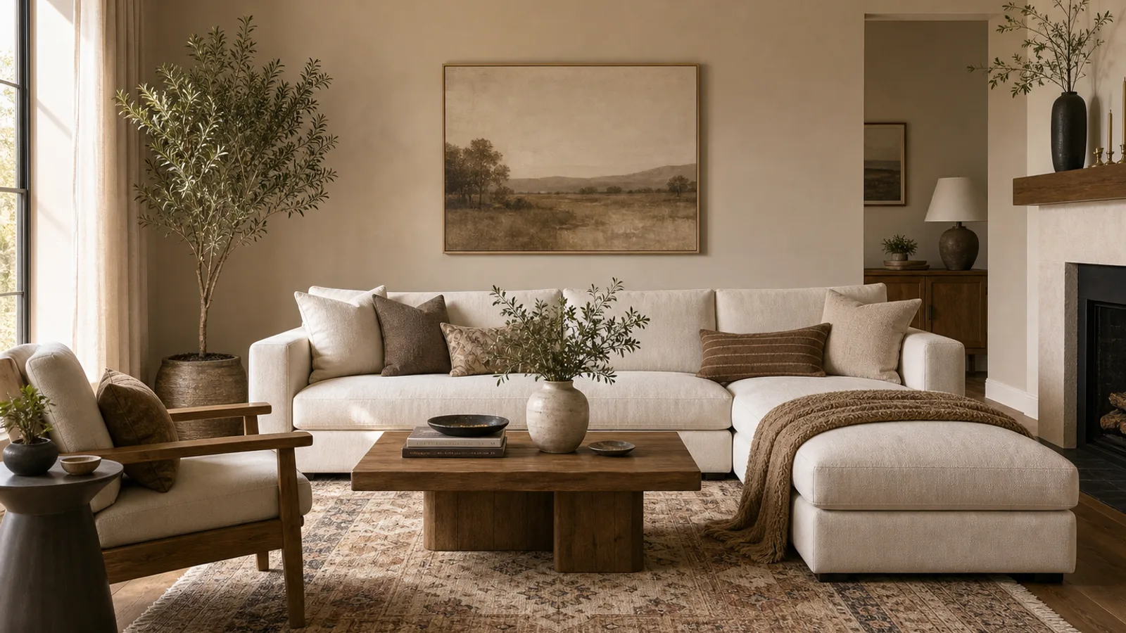 Warm neutral living room with a rust-toned rug layered under a wood coffee table