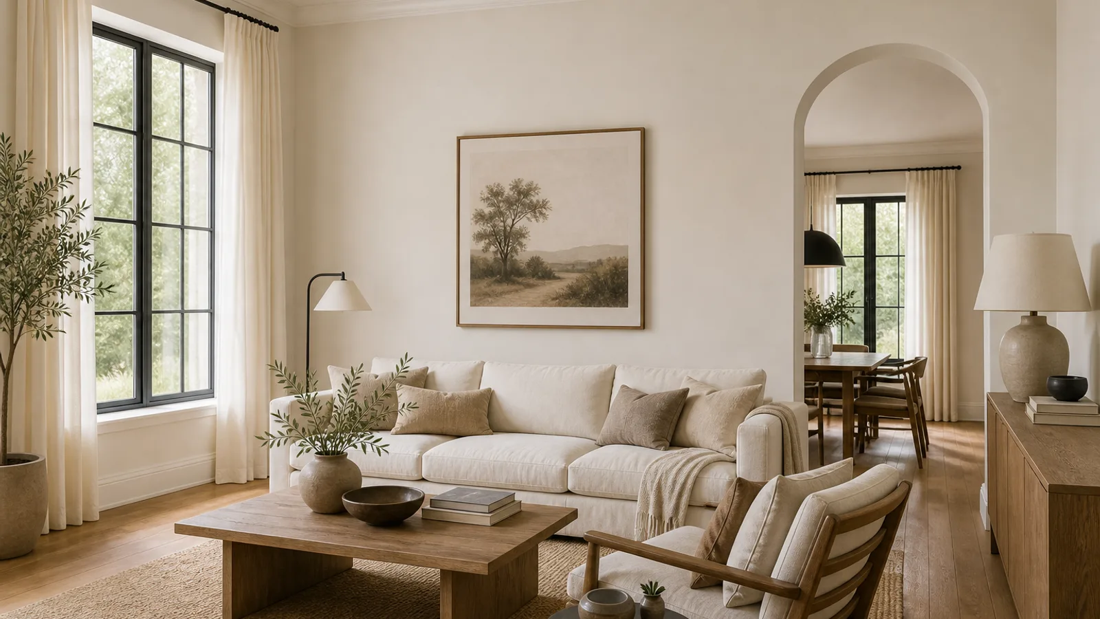 Cream linen curtains framing warm white walls with oak flooring and a brass curtain rod