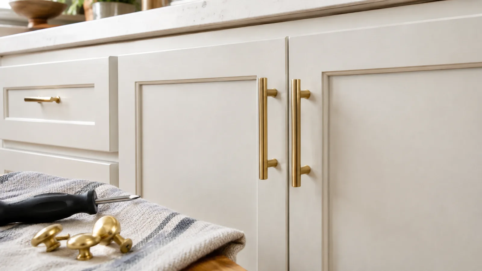 AI-generated illustration: Close detail of freshly painted cream cabinet doors with brushed brass handles, an unbranded screwdriver and removed old knobs on a cloth.