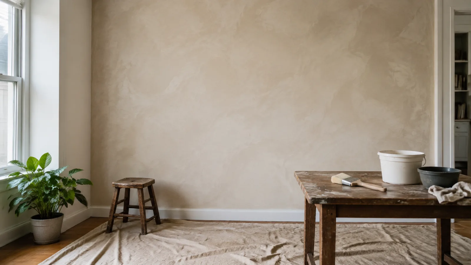 AI-generated illustration: A simple apartment wall with soft beige limewash texture, reused wooden table, canvas floor cloth and an unbranded broad brush at rest.