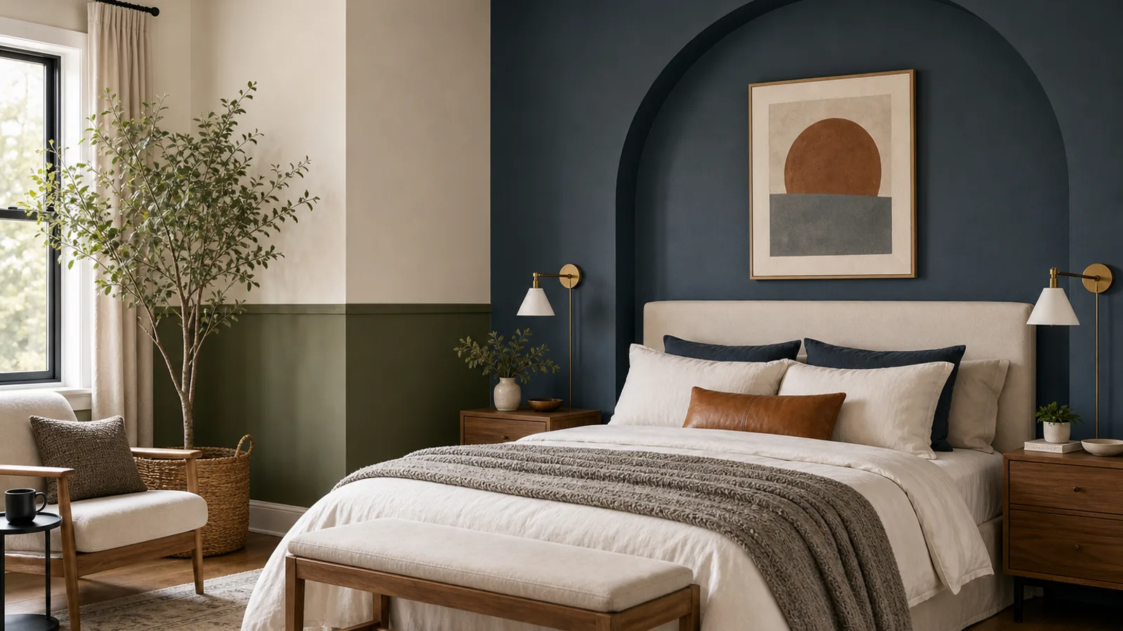 Painted arch accent wall behind a bench with a soft terracotta tone and crisp edges