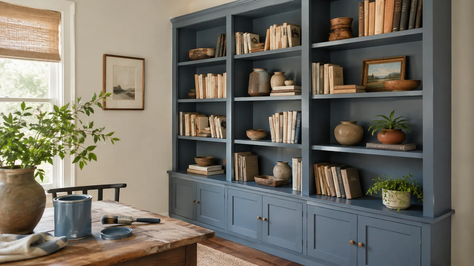 AI-generated illustration: A freestanding built-in-style bookshelf painted dusty blue, books and pottery spaced naturally, warm white wall, side angle.
