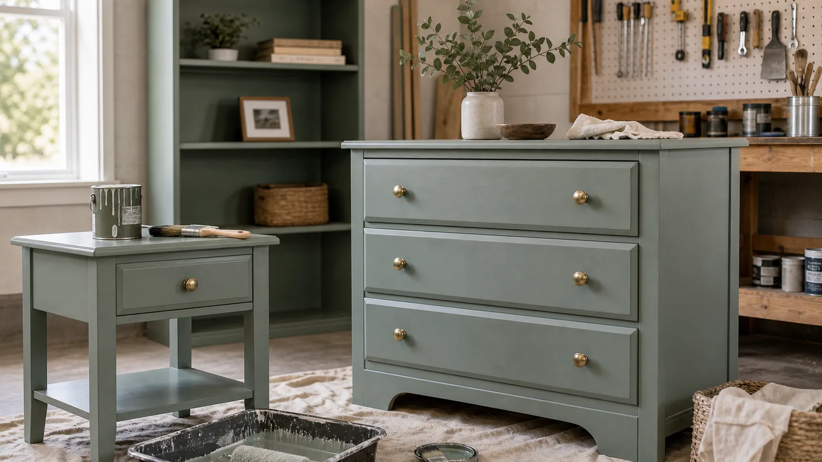 Painted dresser makeover with bonding primer, drawer fronts, and hardware ready for reassembly