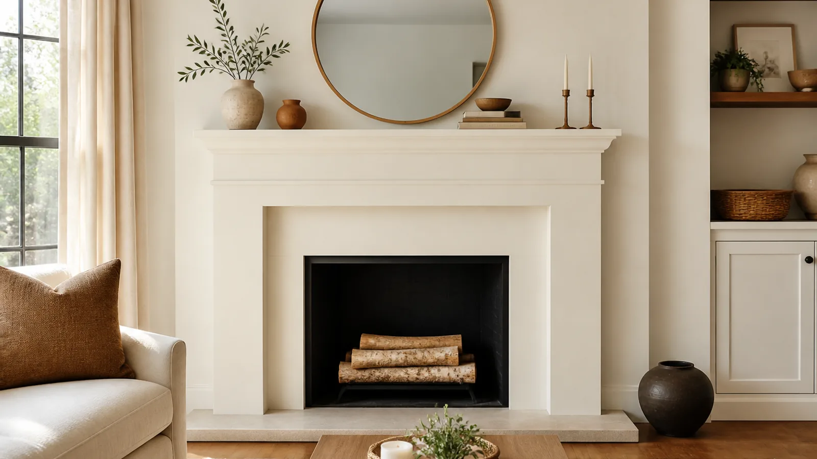 Freshly painted off-white fireplace mantel styled with a round mirror, stacked books, and warm ceramic decor