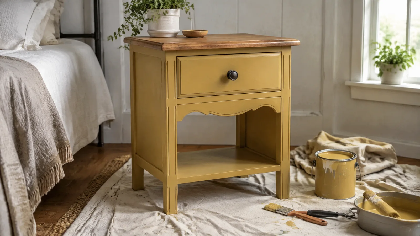 AI-generated illustration: A single vintage oak nightstand painted muted mustard on a drop cloth, original wood top retained, simple drawer knob, compact bedroom.
