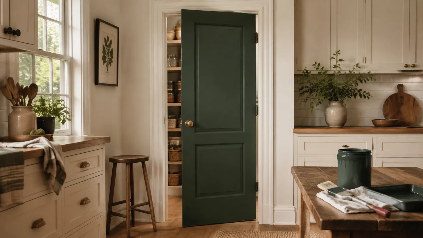 AI-generated illustration: A pantry door painted deep forest green in an otherwise cream kitchen, clear door casing and brass knob, eye-level view.