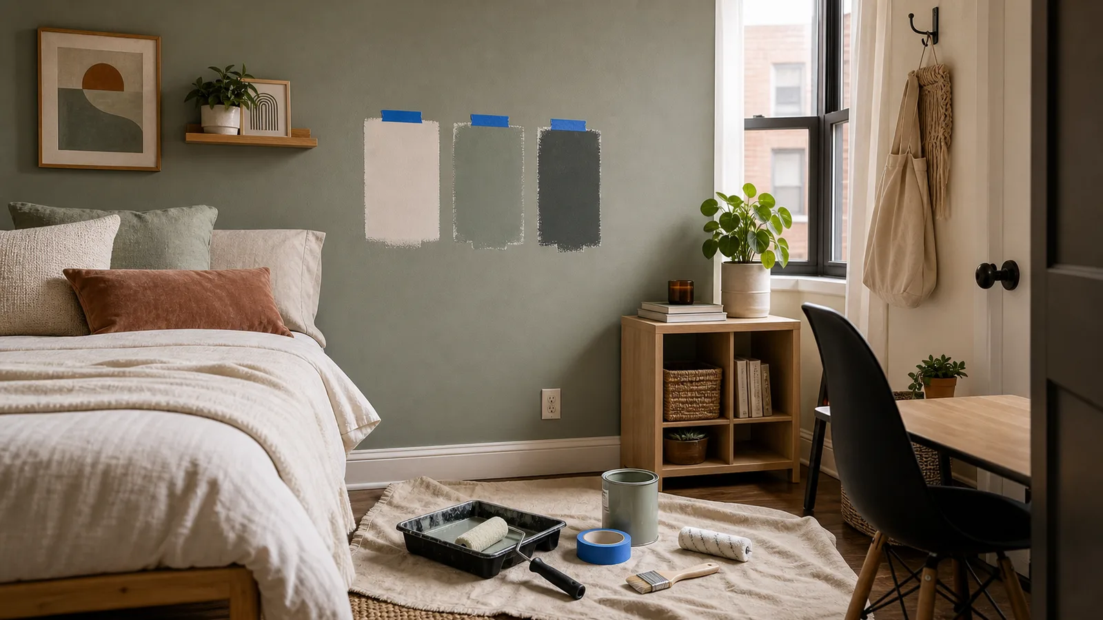 Compact paint kit and supplies for fast rental-friendly room updates