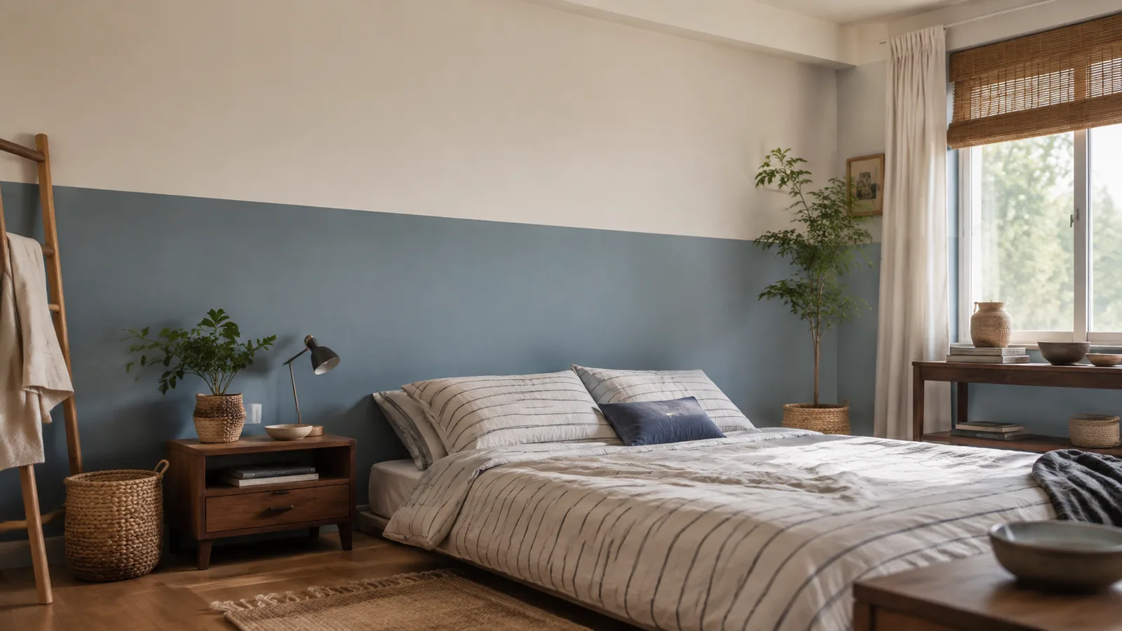 AI-generated illustration: Bedroom with a precise horizontal division: dusty blue lower wall and warm off-white upper wall, low bed and striped linen.