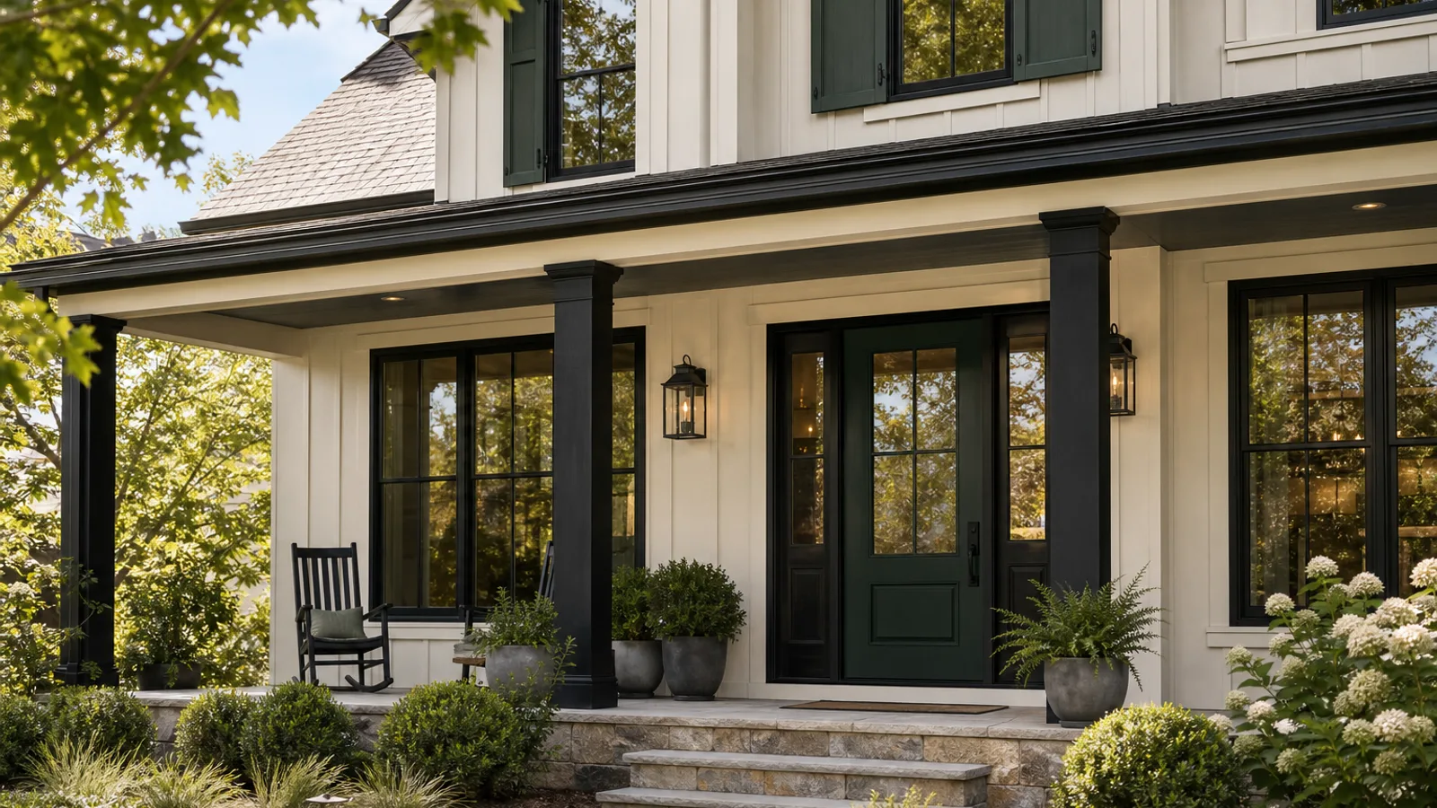 Muted black-green exterior accents on shutters and front door of a light painted home