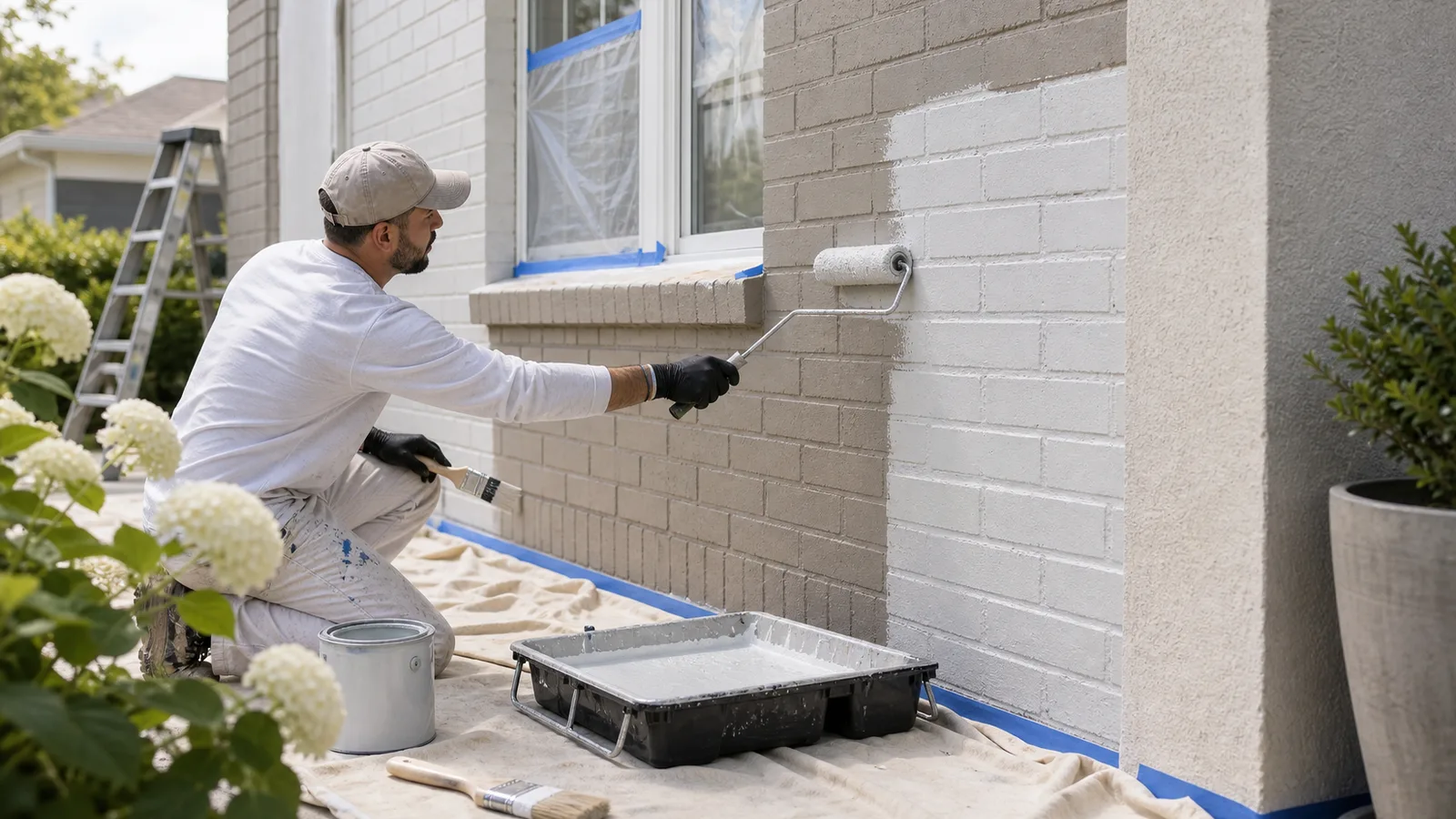 Painted exterior brick wall with roller and masonry prep tools arranged for a repaint