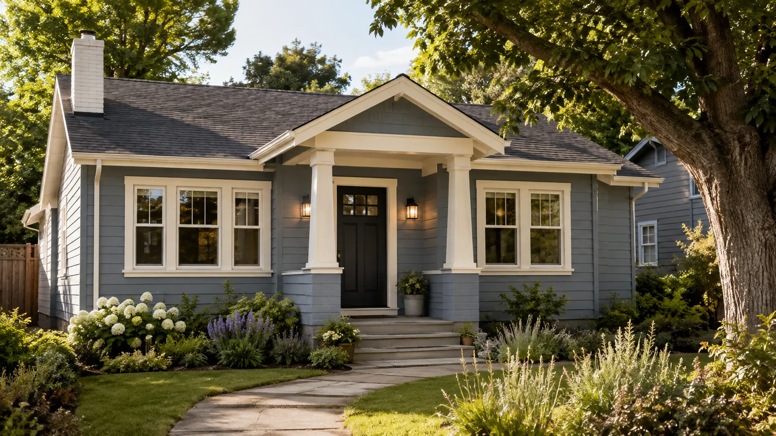 AI-generated illustration: A modest American bungalow with fresh muted blue-gray siding, crisp ivory trim, natural garden and a charcoal front door.