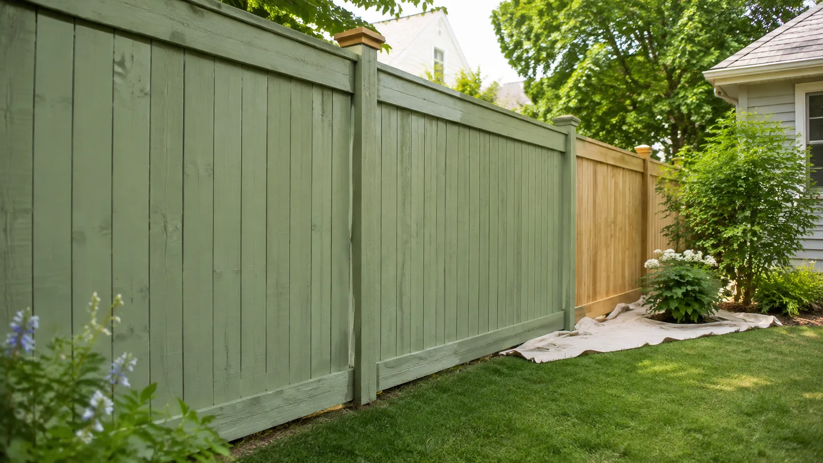 AI-generated illustration: A freshly painted sage-green wooden garden fence seen at an oblique angle along a narrow suburban lawn, neighboring plants protected with a canvas cloth near the unpainted final section, clear wood grain