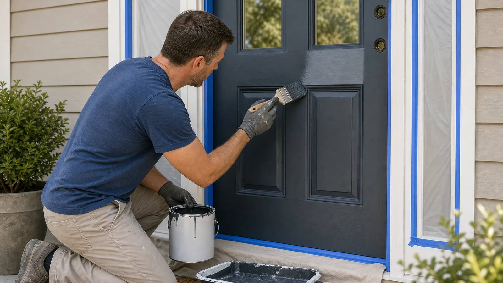 Bold painted front door in a warm entry with crisp trim and brass hardware